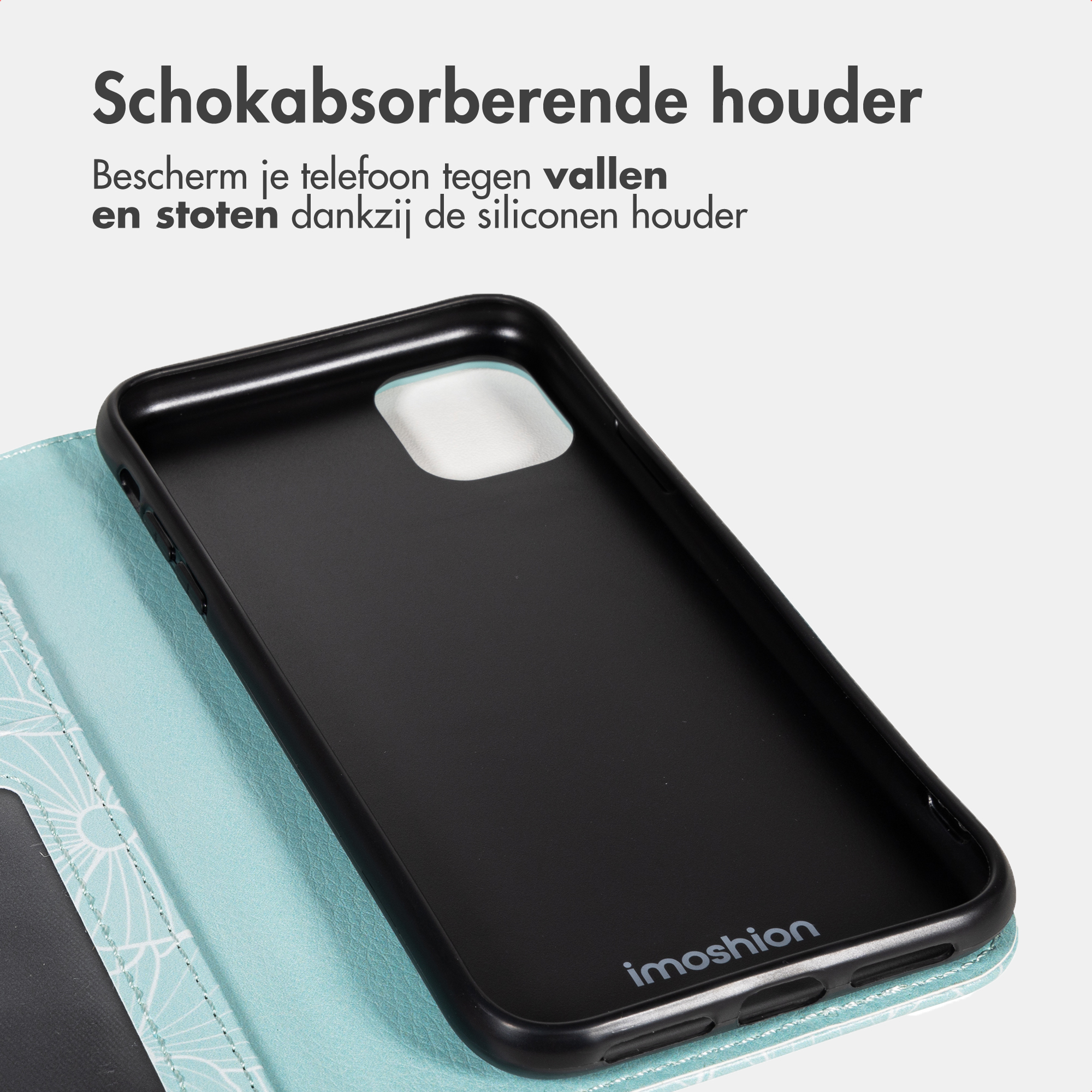 Custodia in silicone nera con copertina azzurra e motivo.