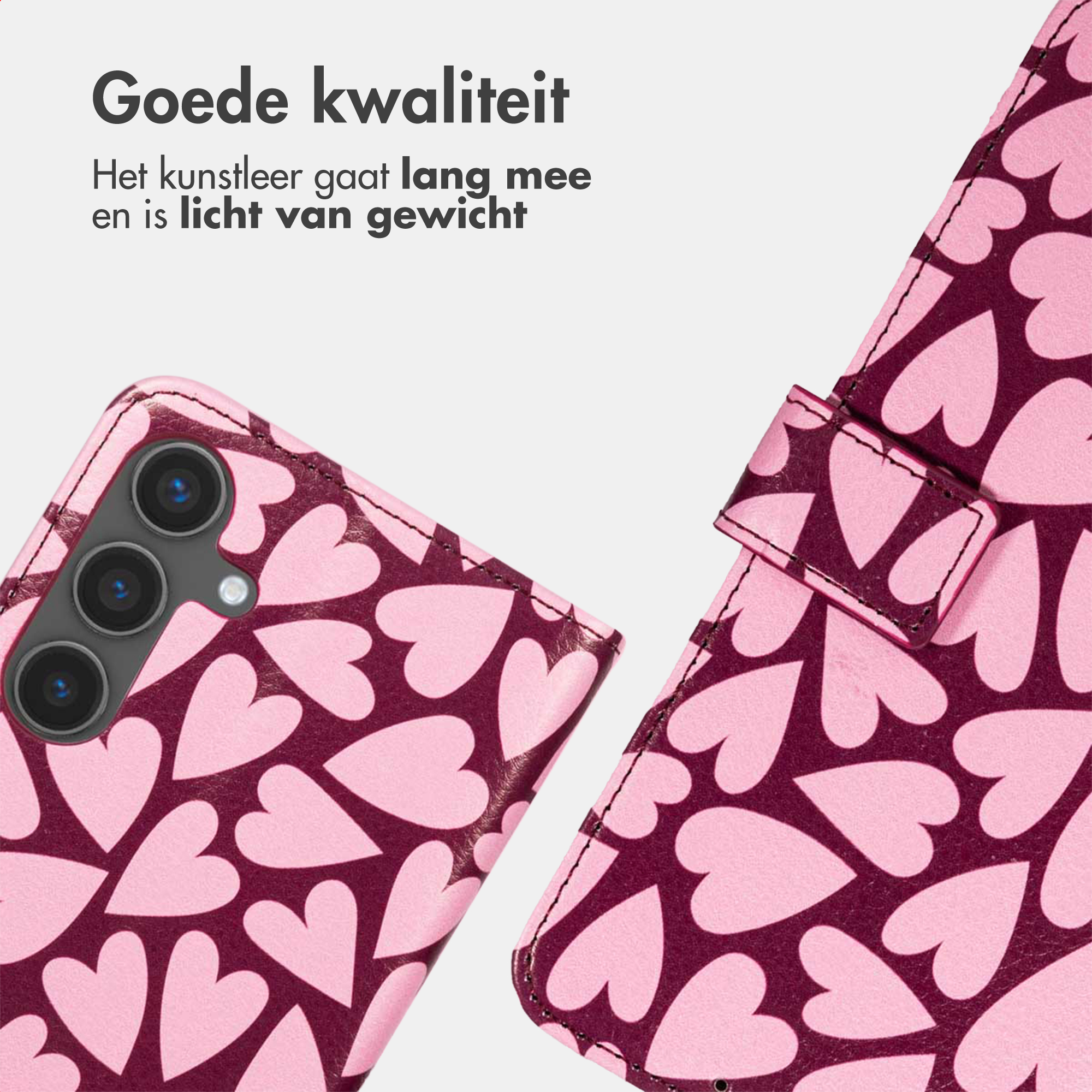 Una cover per telefono rosa con motivo a cuori rosso scuro e lente fotocamera.