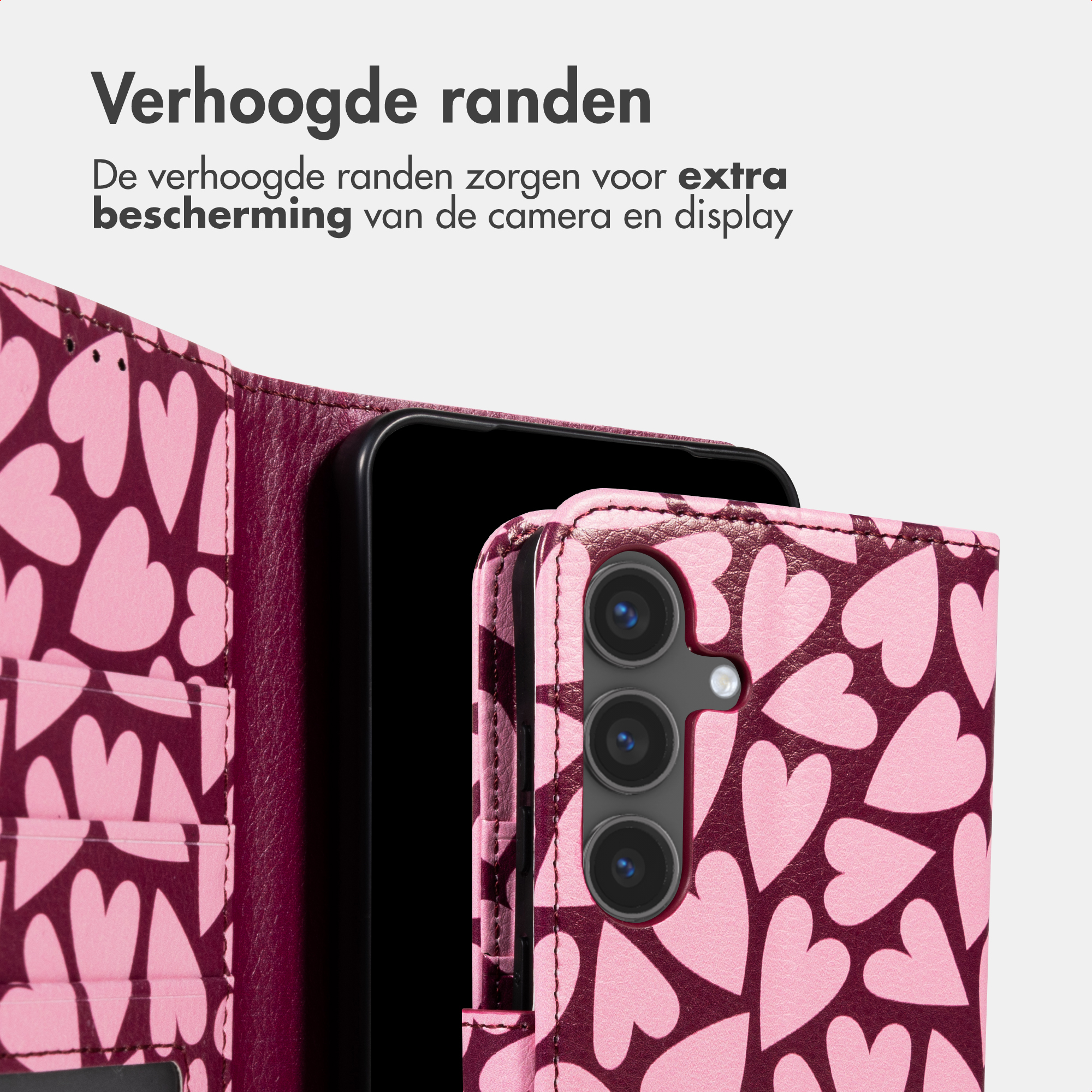 Custodia rosa per telefono con motivo a cuori e modulo fotocamera. Bordi rialzati.