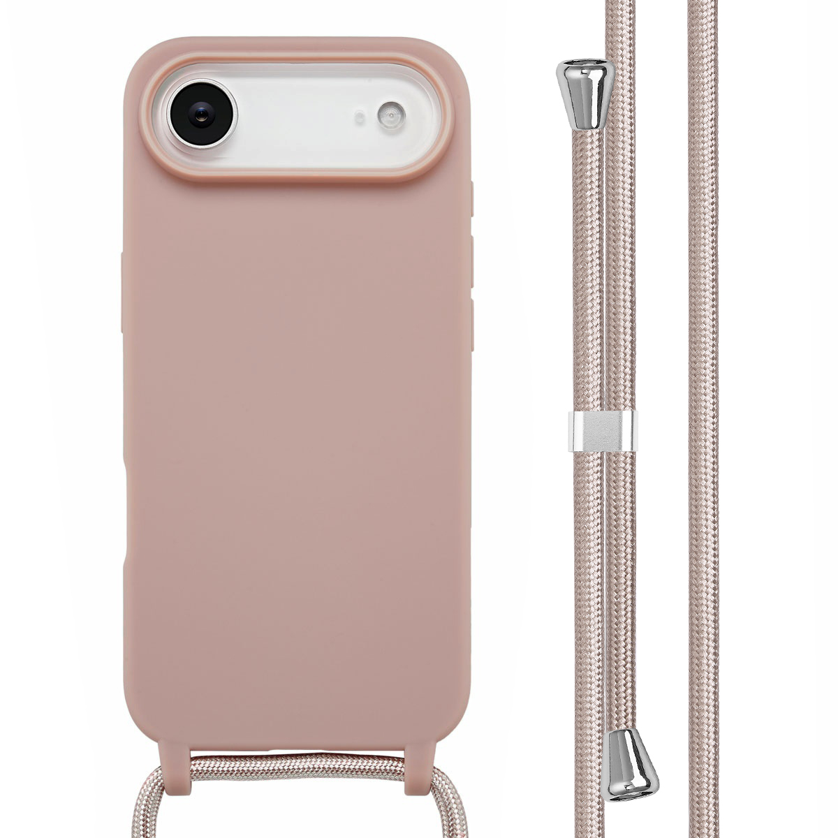 Una custodia rosa per telefono con ritaglio fotocamera e laccetto abbinato.