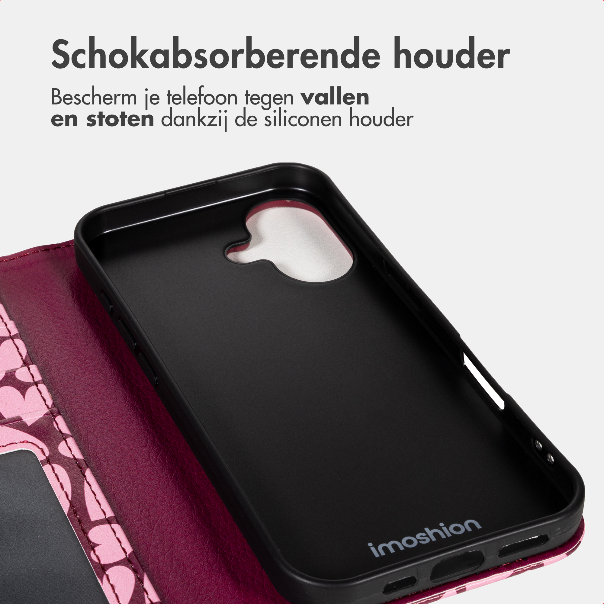 Custodia nera per telefono con motivo a cuore rosa e interno imbottito.