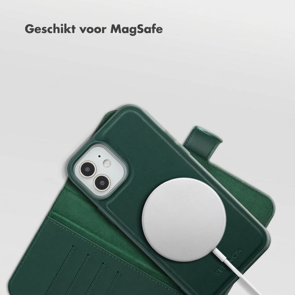Green phone case with MagSafe charger and iPhone on a white background.