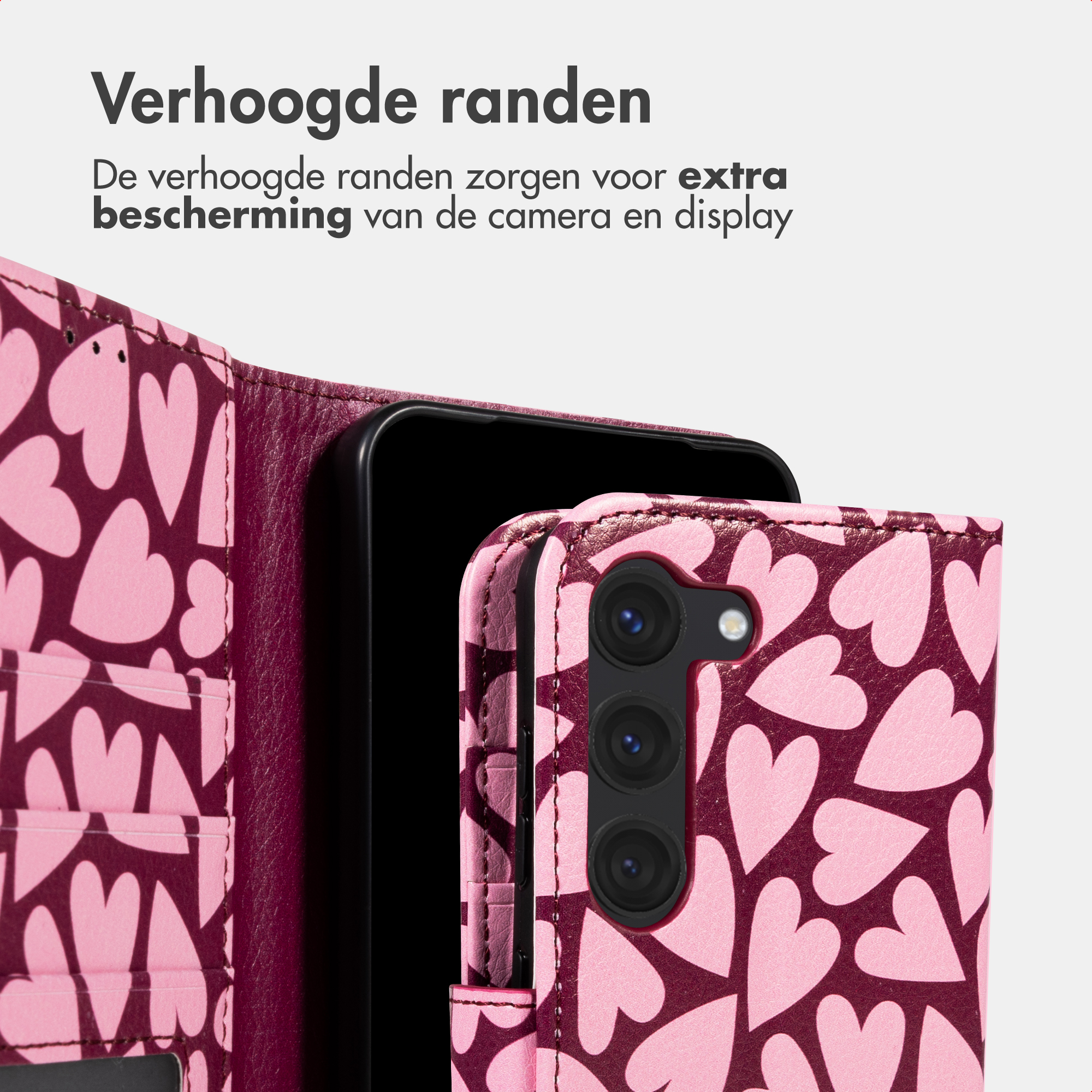 Custodia viola con cuori rosa per smartphone, mostra fotocamera e bordi.