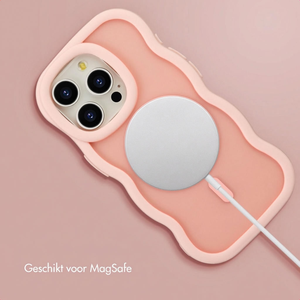 Una custodia rosa per iPhone con caricatore MagSafe e cavo su sfondo rosa.