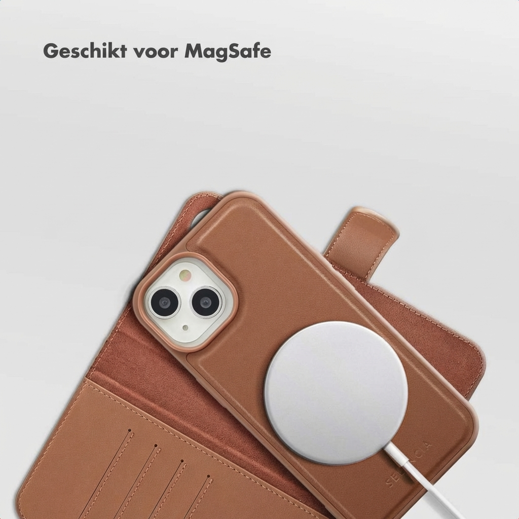 Brown phone case with MagSafe charger and card slots.