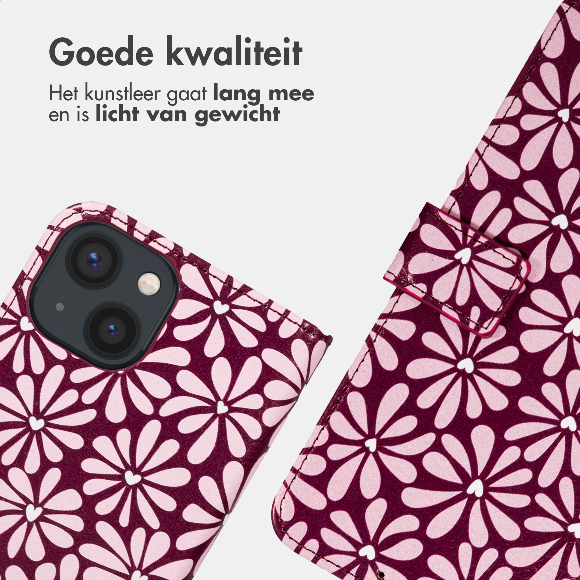 A phone case with a burgundy and pink floral pattern.