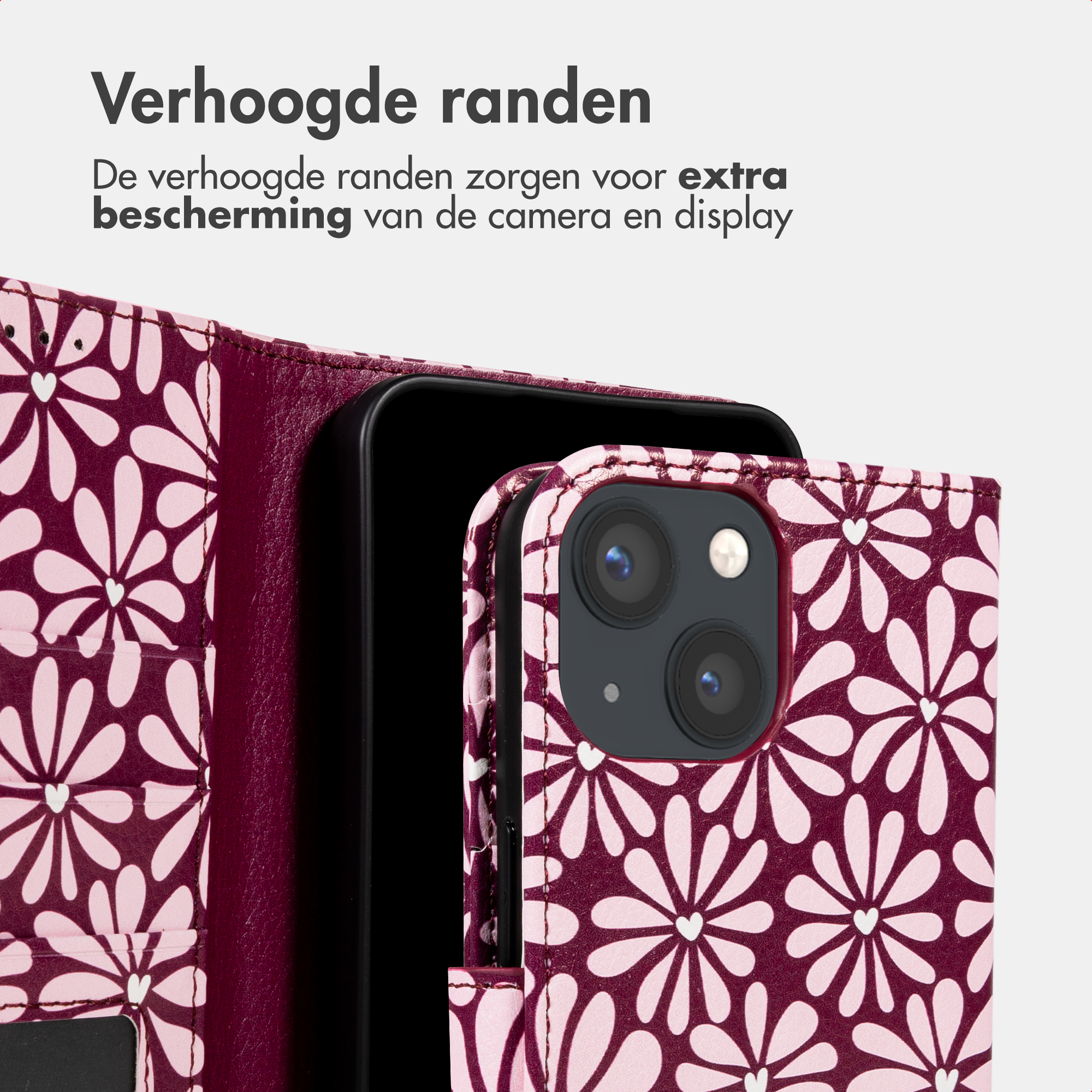 A maroon phone case with light pink floral patterns holds a black smartphone, featuring a dual-camera setup.