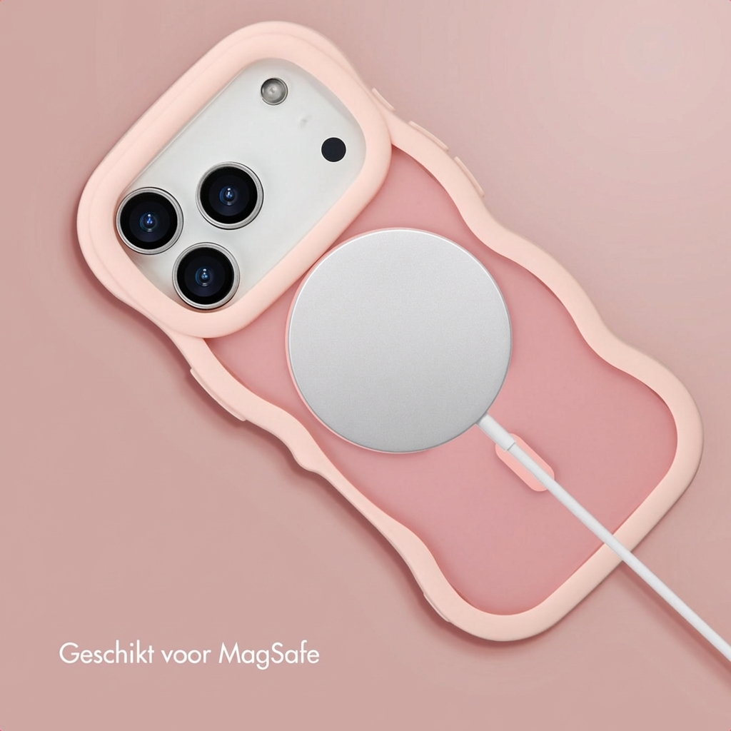 Una custodia rosa per telefono con caricabatterie MagSafe e cavo su sfondo rosa.