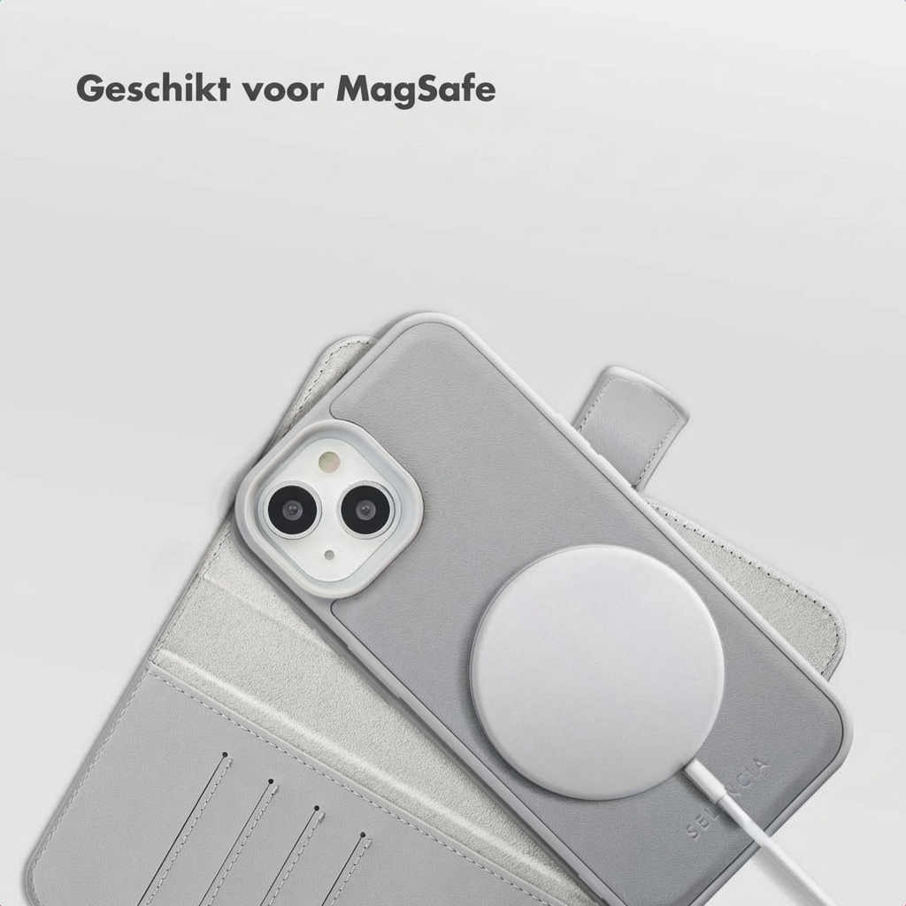 Grey phone case with MagSafe charger and camera lenses. With text.