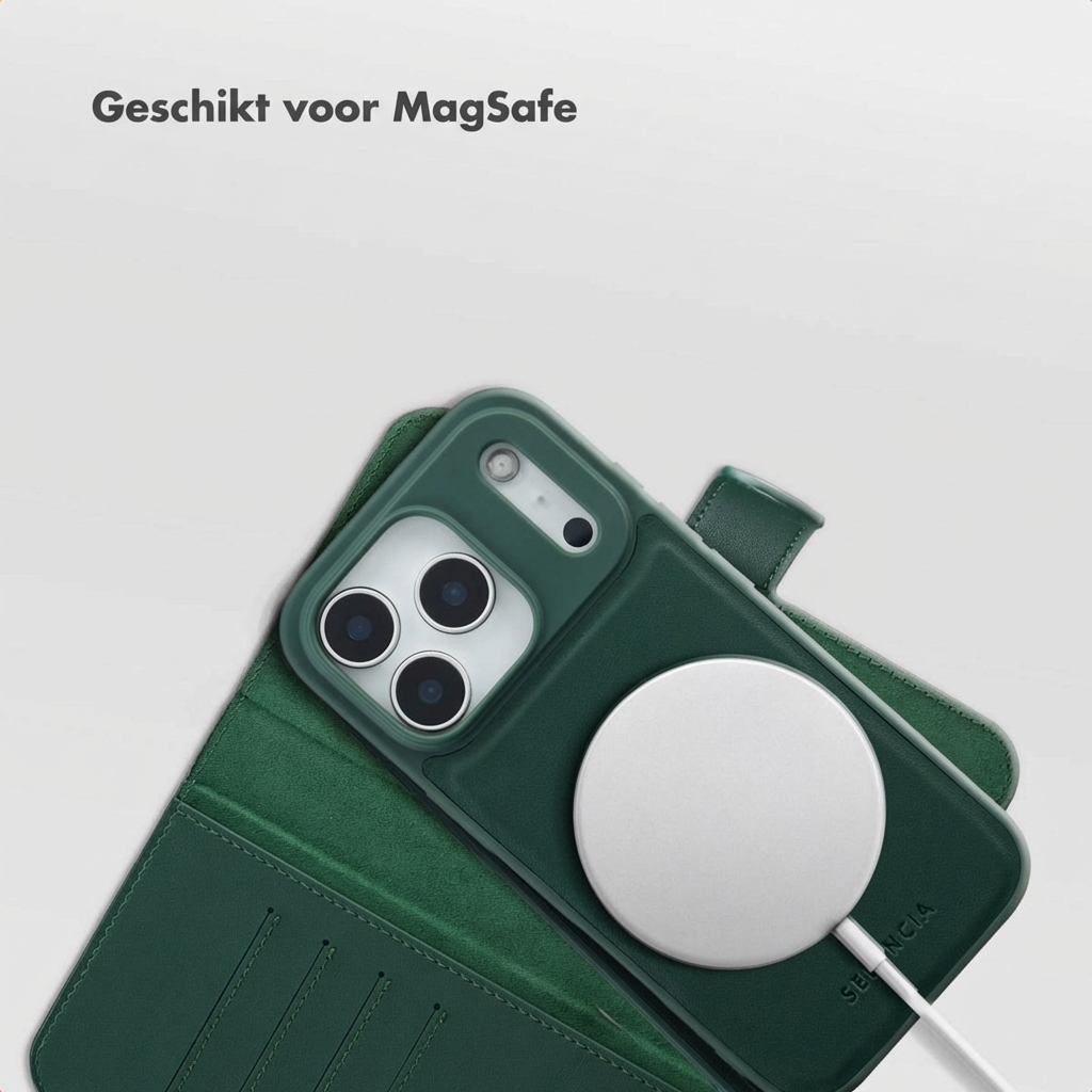 A green iPhone with MagSafe charger and case.