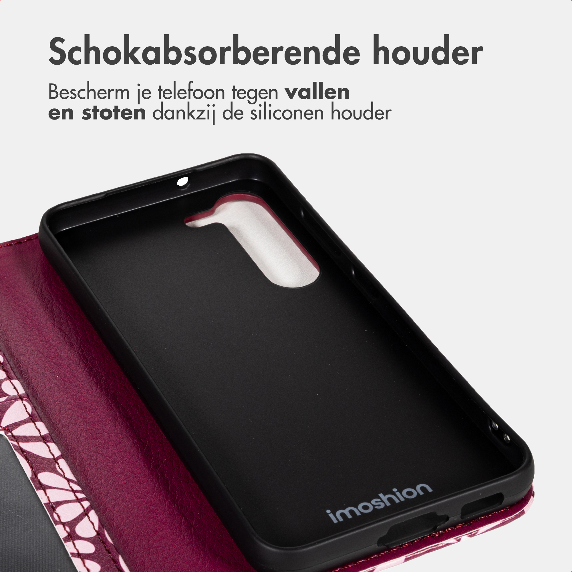 Custodia nera per telefono con motivo rosso e logo.