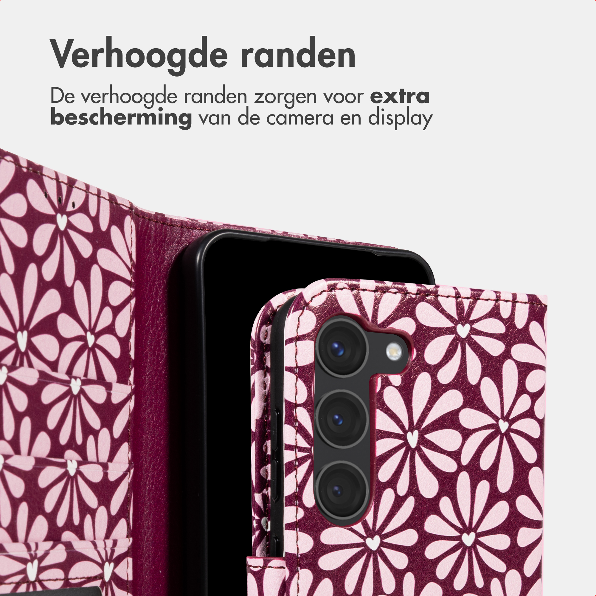 Una custodia per telefono con fantasia floreale rosa e rosso scuro.