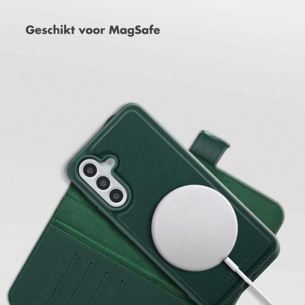 Custodia verde scuro per telefono con caricatore MagSafe e tre lenti.