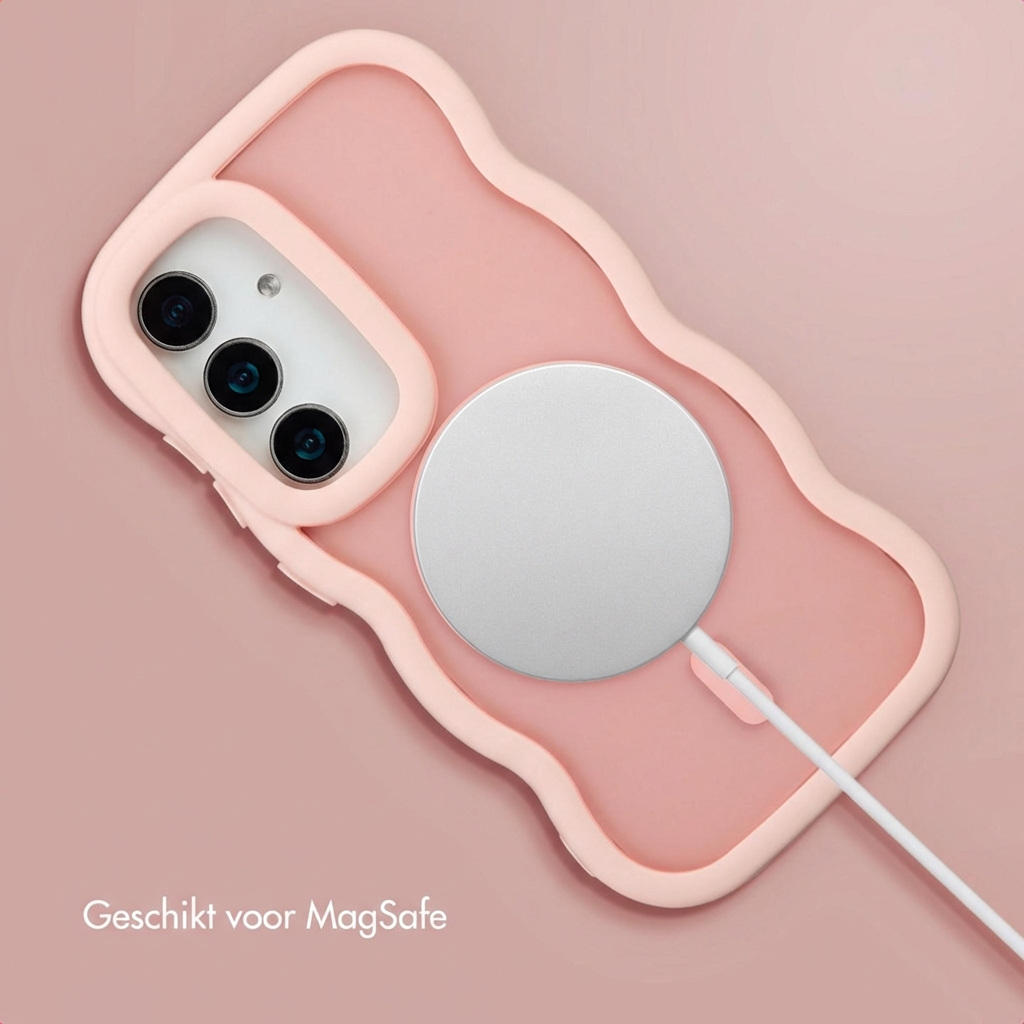 Una custodia per telefono rosa chiaro con bordo ondulato, con un caricatore MagSafe circolare argentato attaccato sul retro.