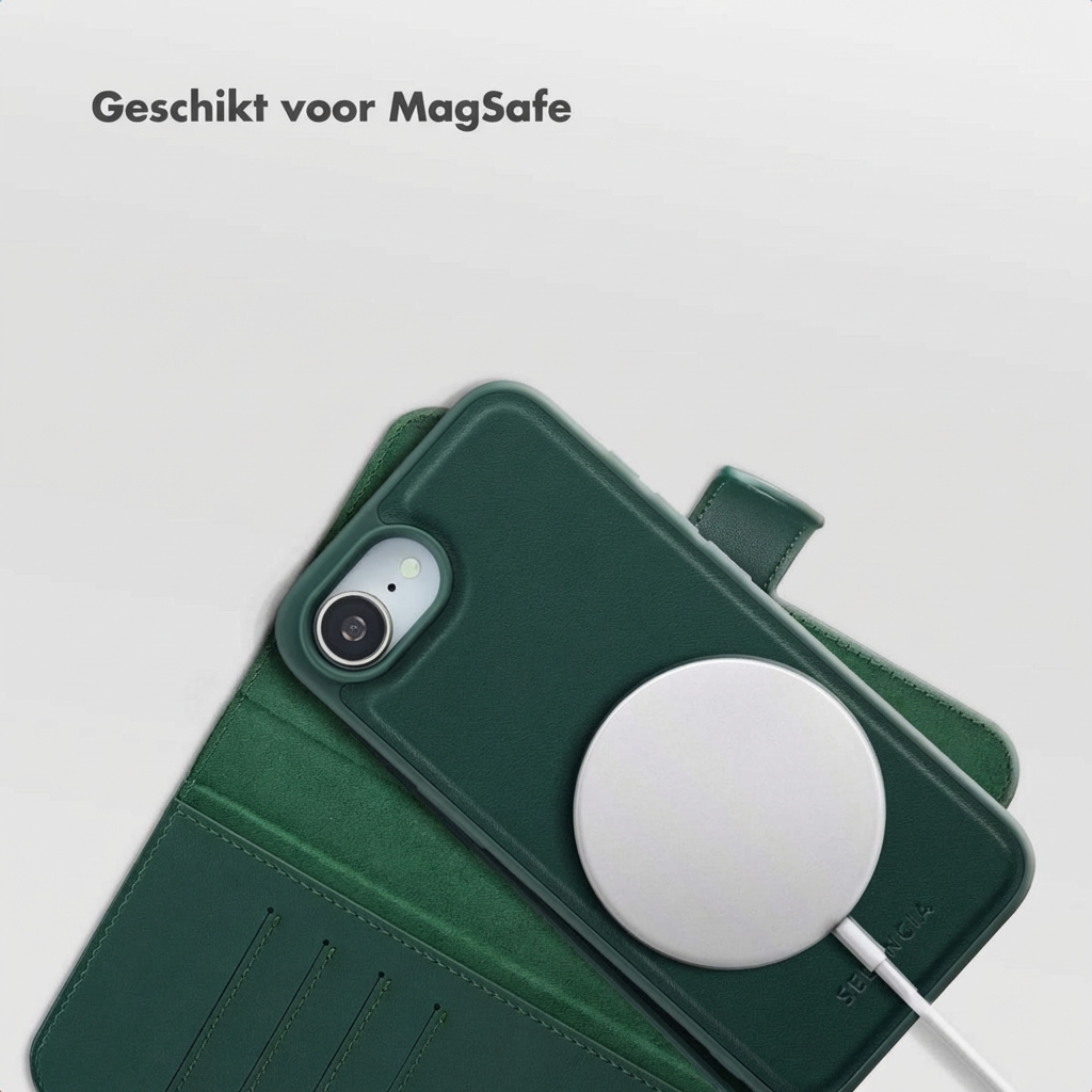 Una custodia per telefono verde scuro con patta a portafoglio, in carica wireless con un caricabatterie MagSafe bianco, su sfondo bianco.