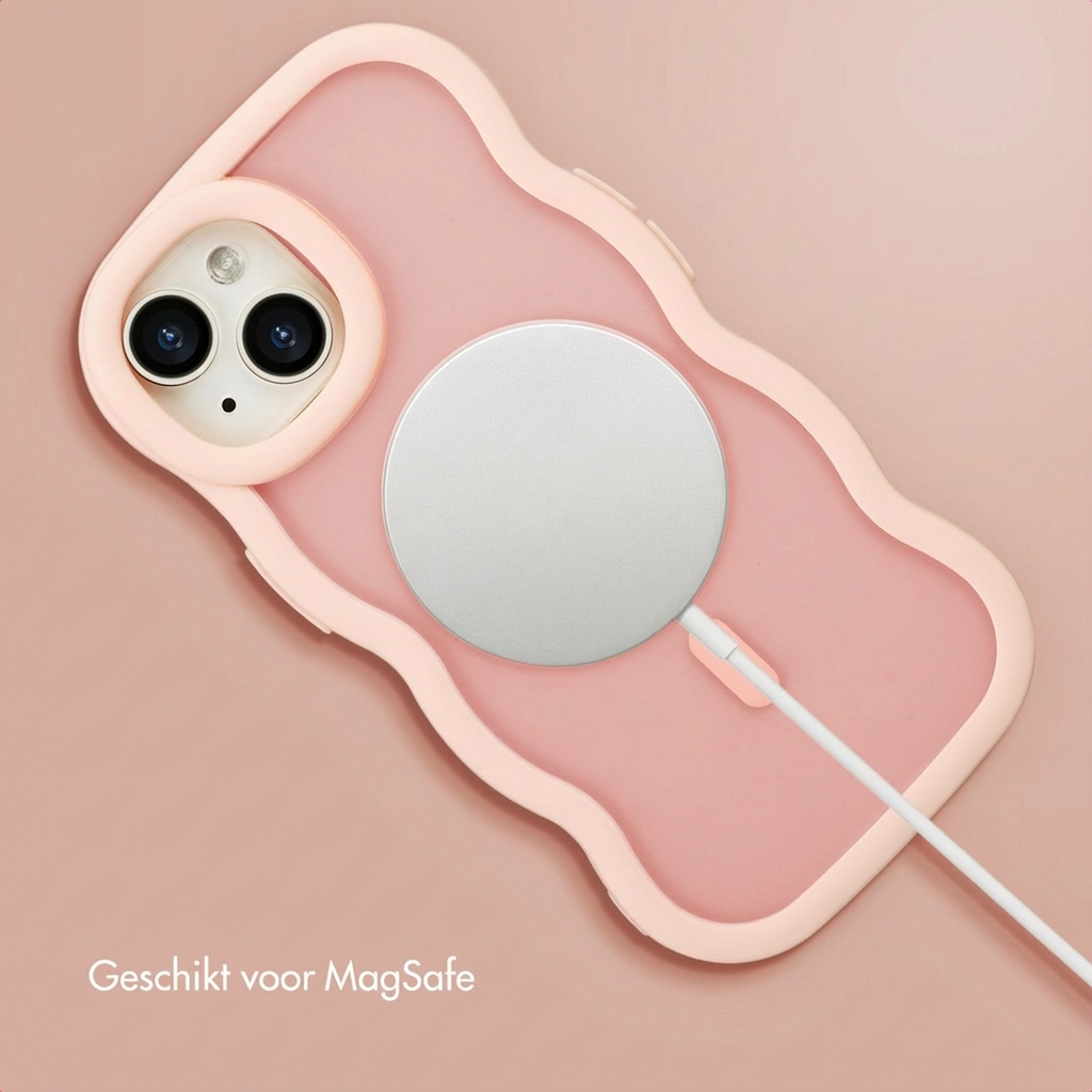 Pink phone case with MagSafe charger connected. Camera visible.
