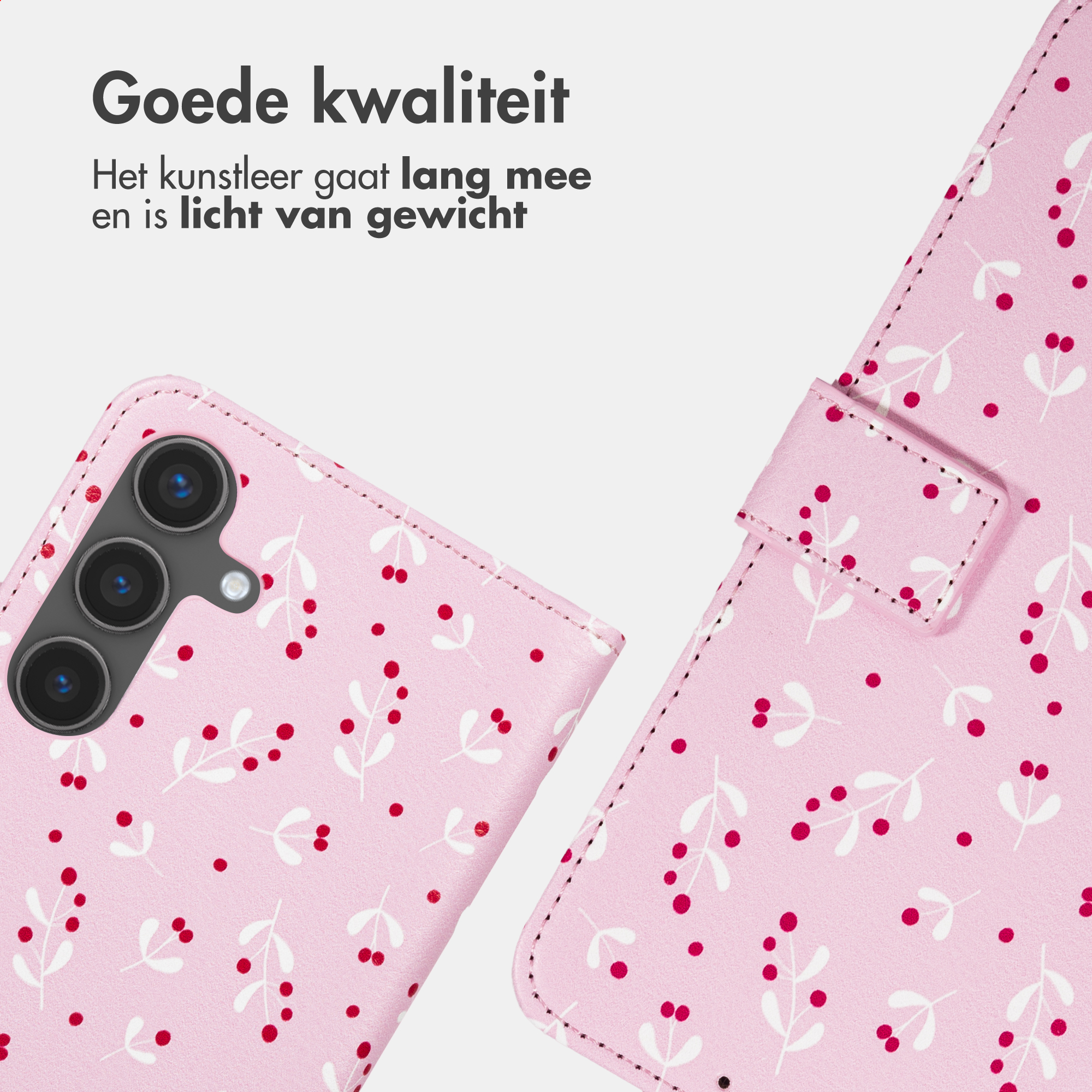 Una custodia rosa per telefono con foglie bianche e bacche rosse, aperta per rivelare la fotocamera, con testo sopra.