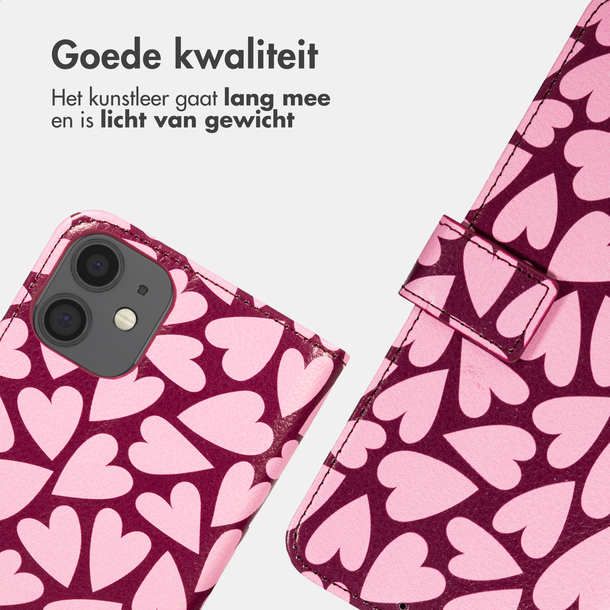 Una custodia per telefono rosa con motivo a cuore, primo piano della lente della fotocamera.