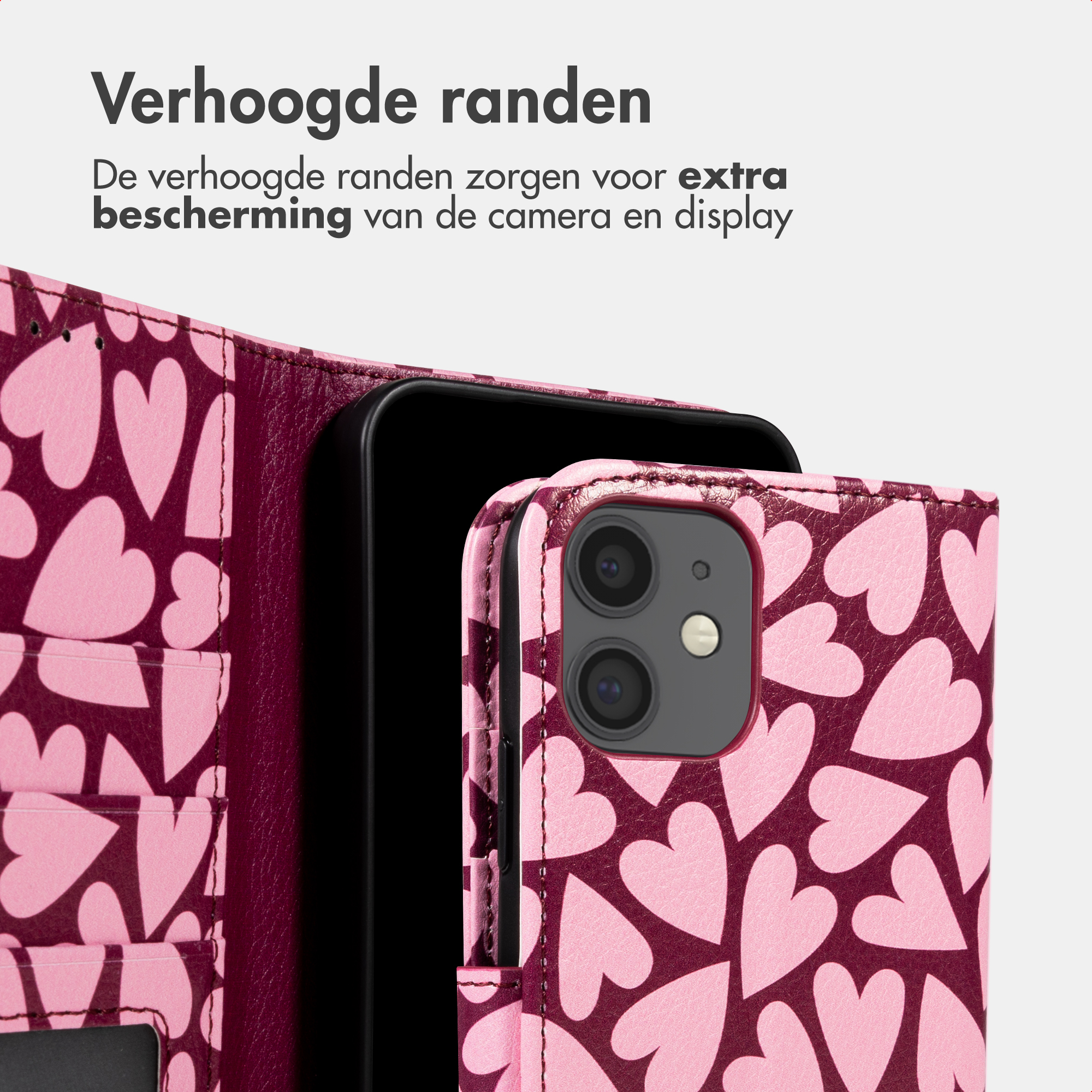 Una custodia per telefono rosa con cuori e scomparti per carte.