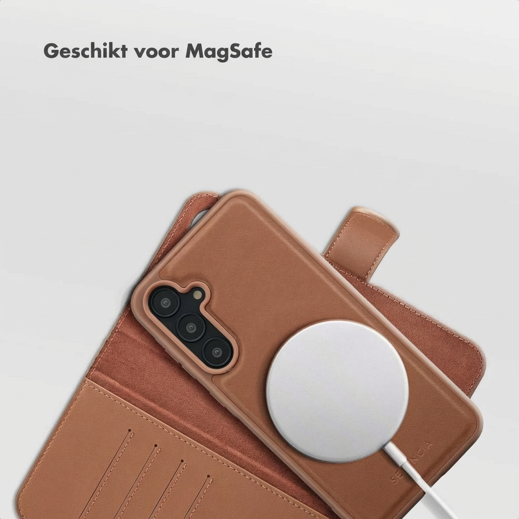 Telefono marrone con caricabatterie MagSafe e custodia aperta.