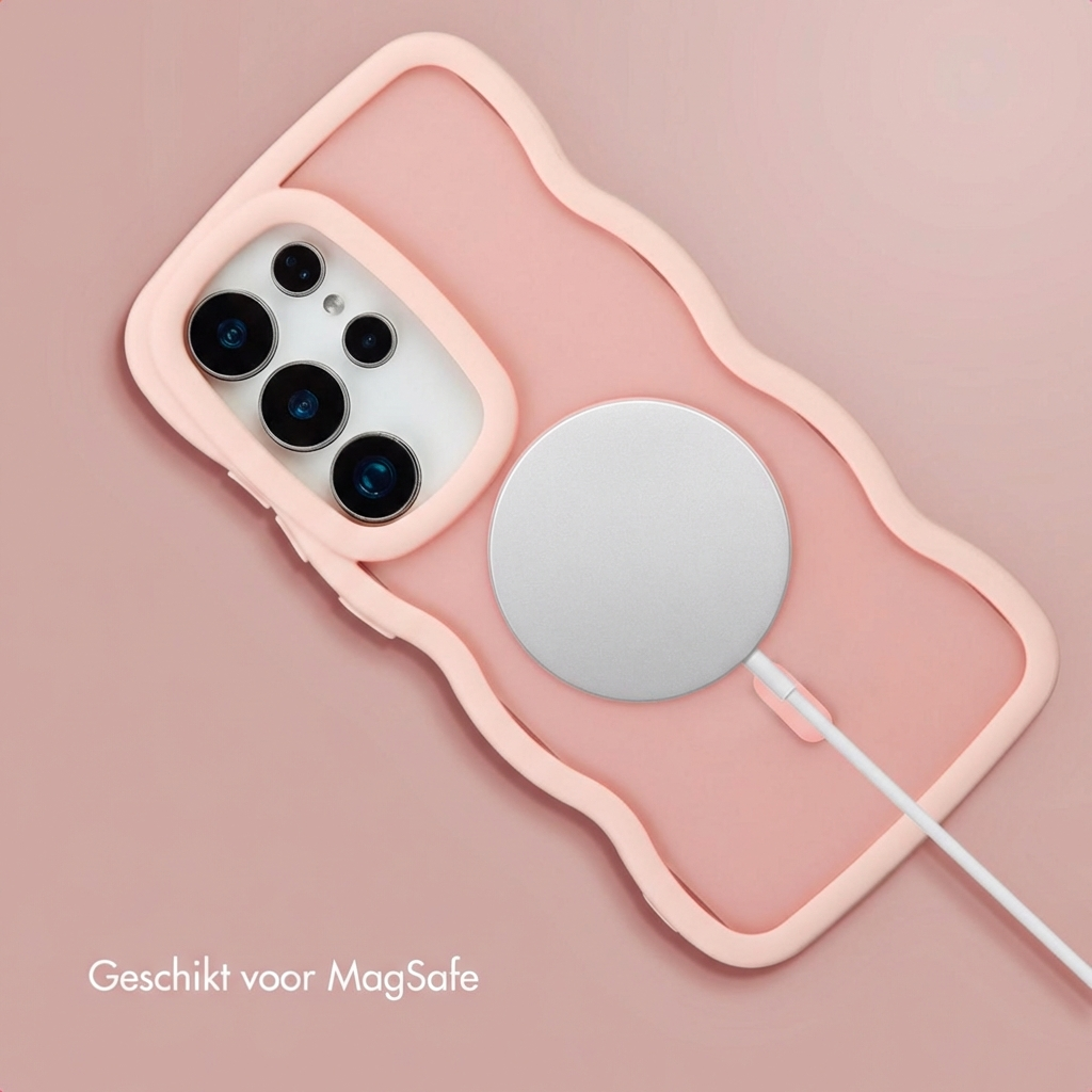 Una cover rosa per telefono con caricatore MagSafe e fotocamera