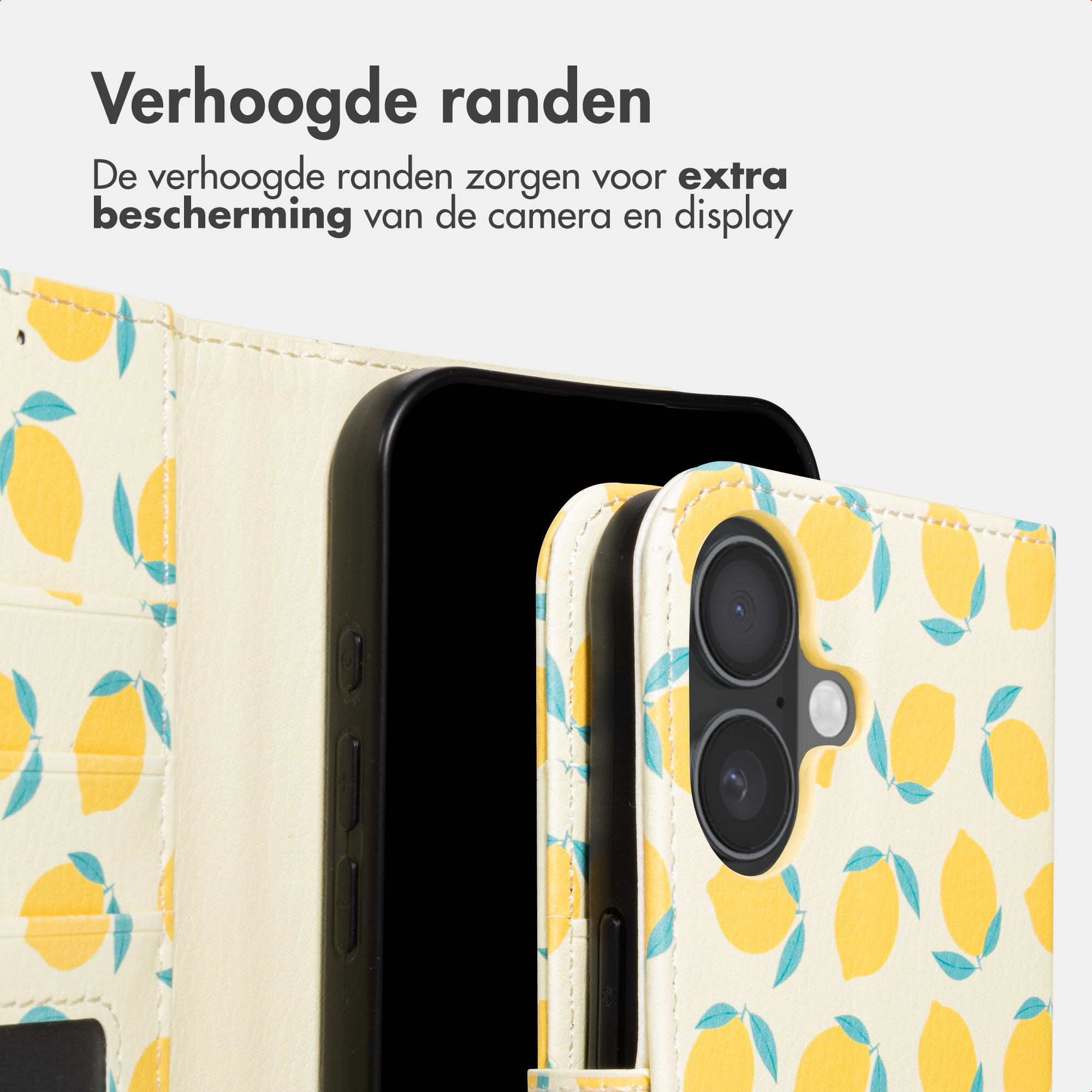 Ein hellgelbes Handy-Flip-Case mit Zitronenmuster und Kamerabezug.