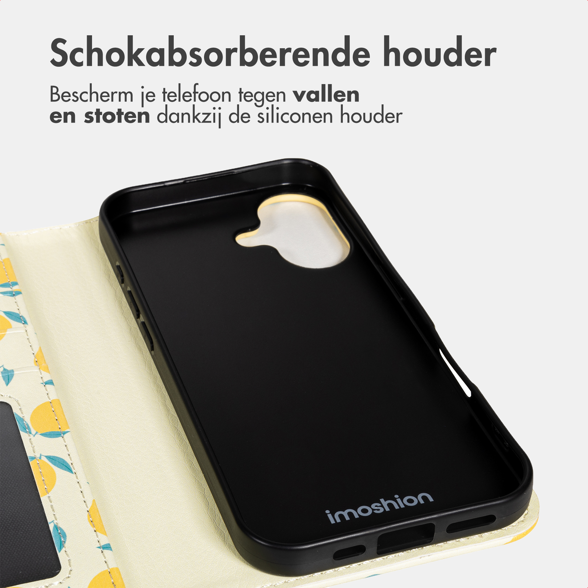 Schwarze Handyhülle mit Zitronenmuster auf der Innenseite.