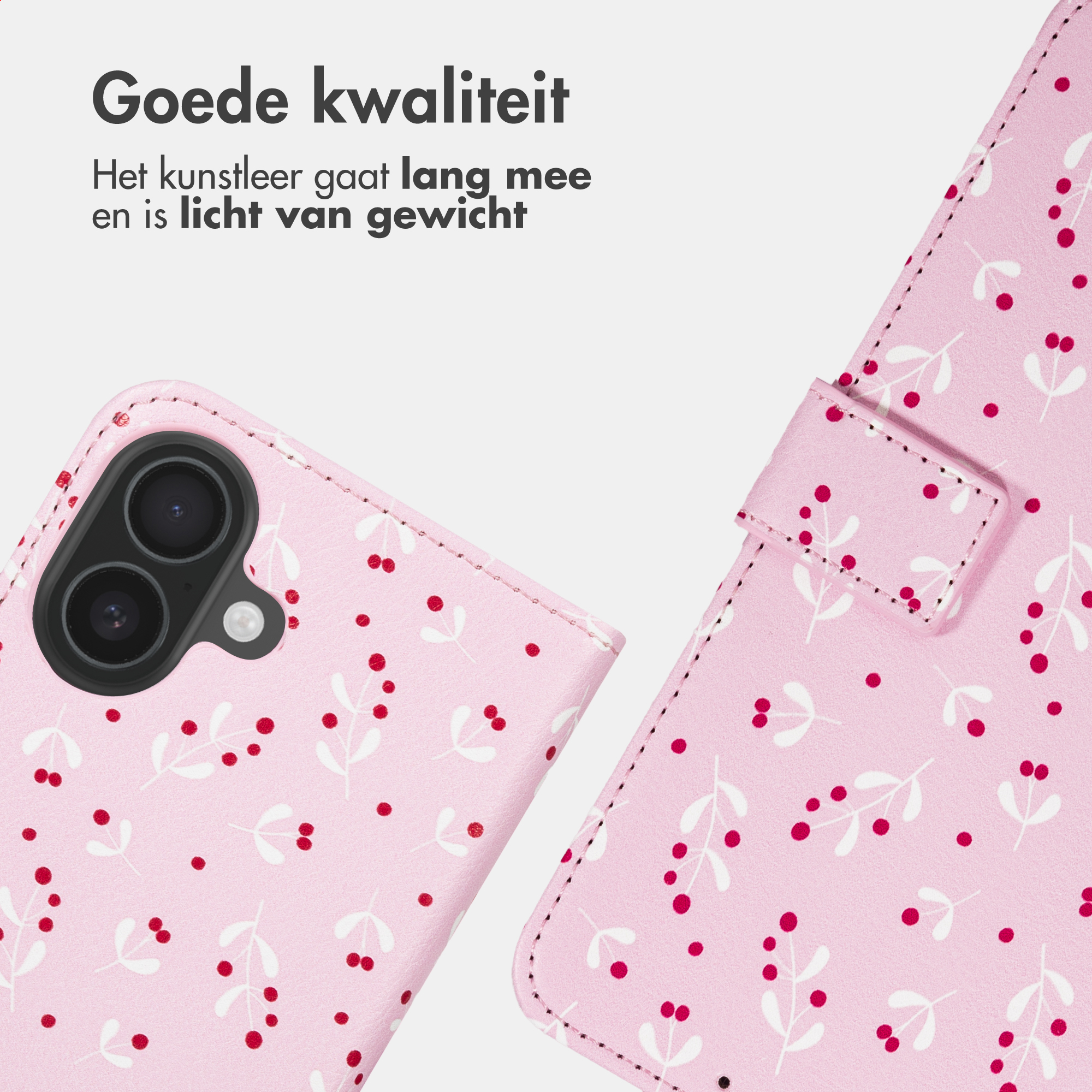 Una custodia per telefono rosa con motivo di foglie bianche e bacche rosse.