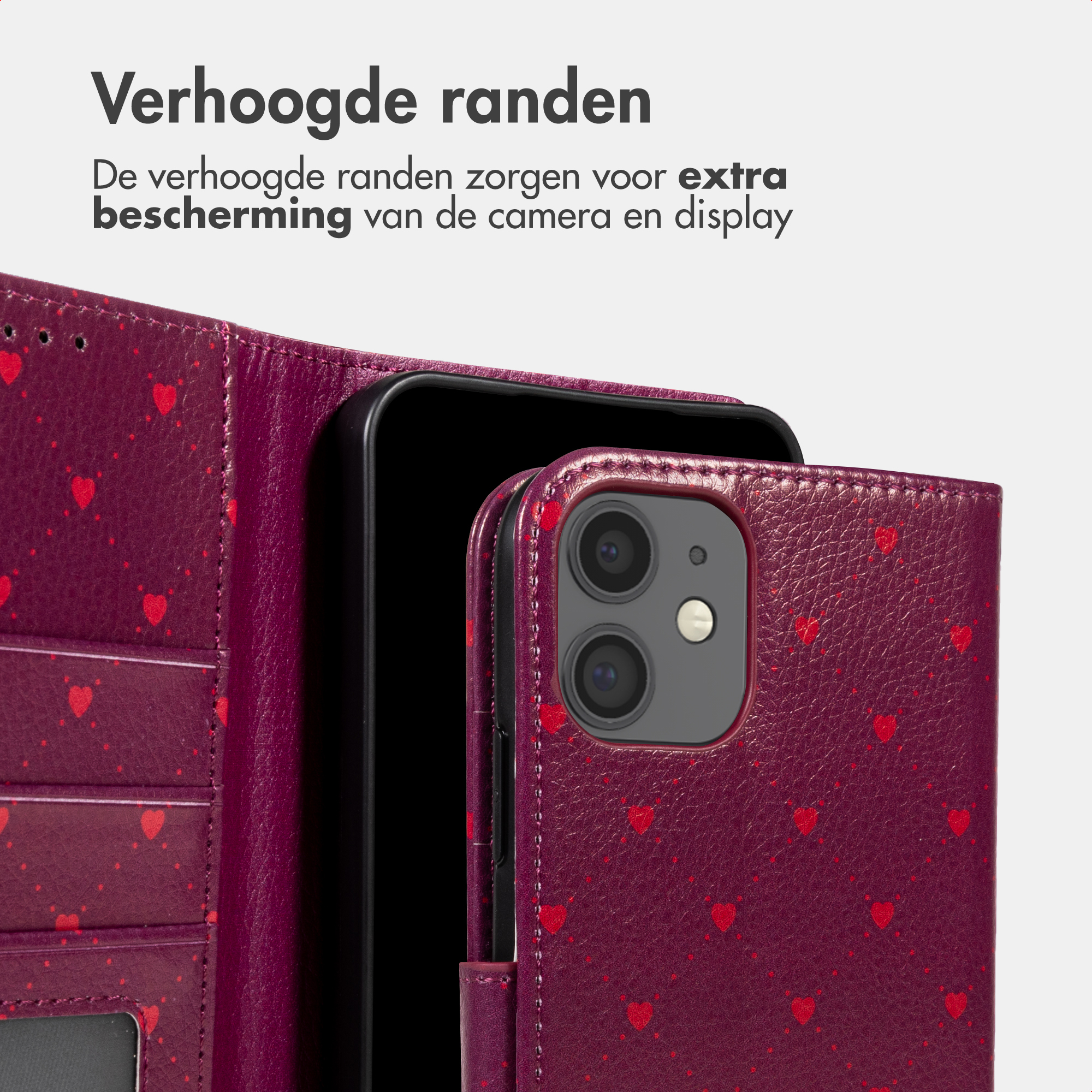 Una custodia per telefono rosso scuro con cuori e pois rossi. Mostra la fotocamera.
