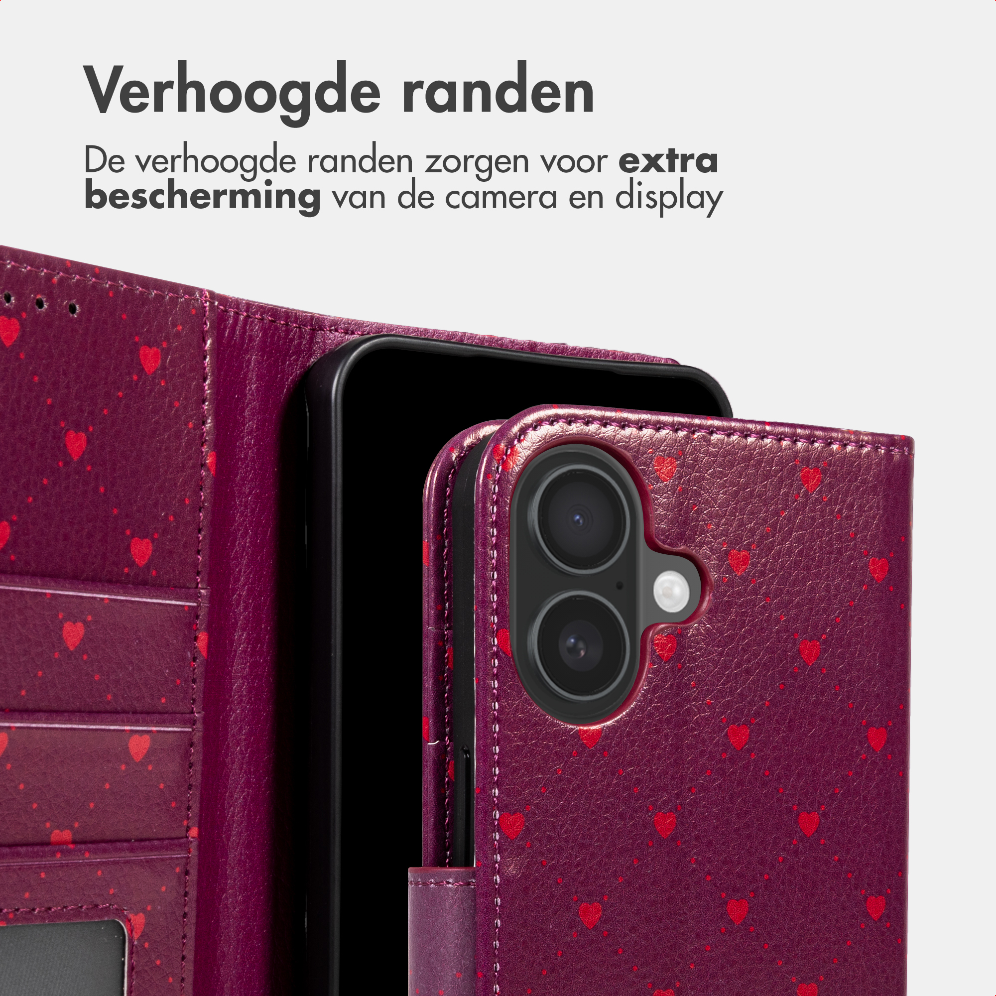 Custodia viola per telefono con cuori rossi, mostra fotocamera e slot.