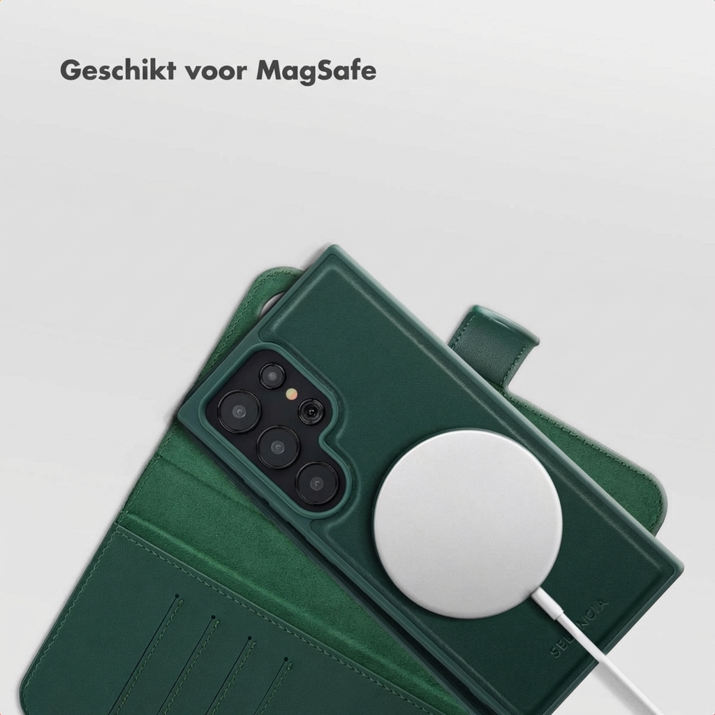 Una custodia per telefono verde scuro con un telefono inserito, in carica in modalità wireless con un caricabatterie circolare bianco.