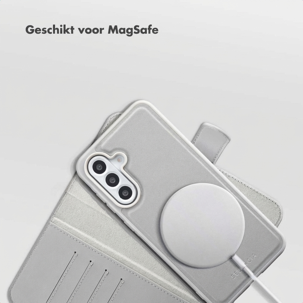 Custodia grigia per telefono con caricatore MagSafe e slot per carte.
