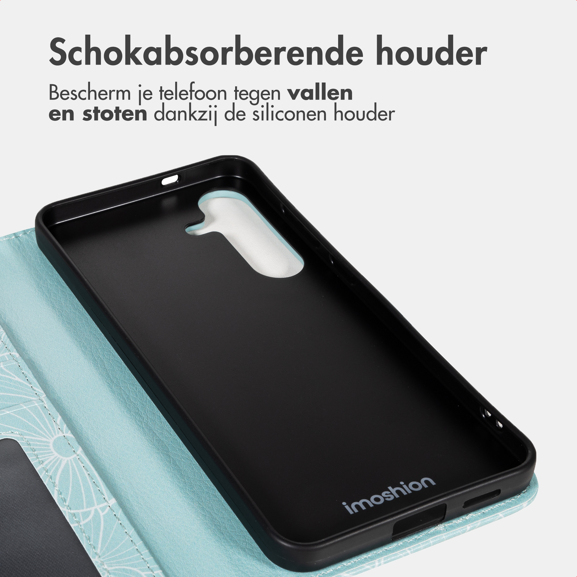 Custodia nera per telefono con motivo blu e logo su sfondo grigio.