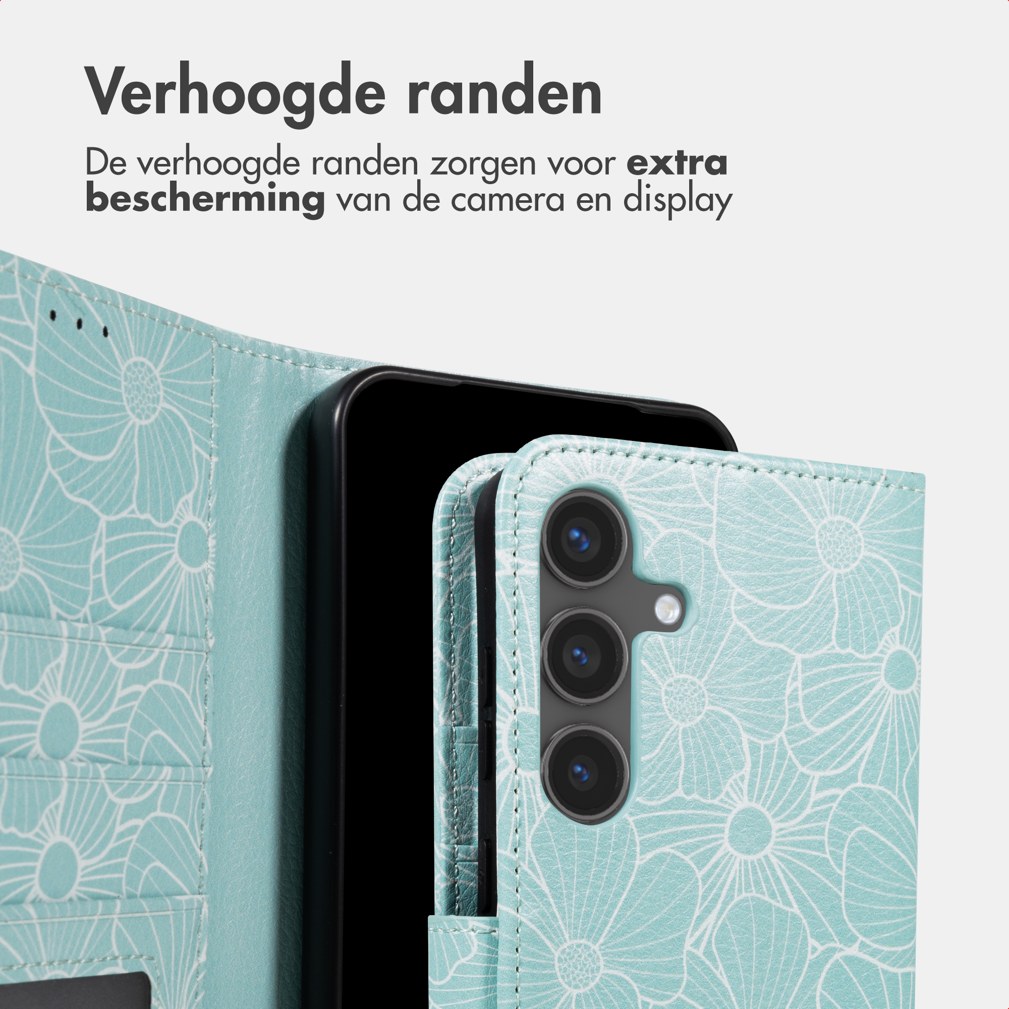 Custodia per telefono turchese con motivo floreale, mostra fotocamere e display.