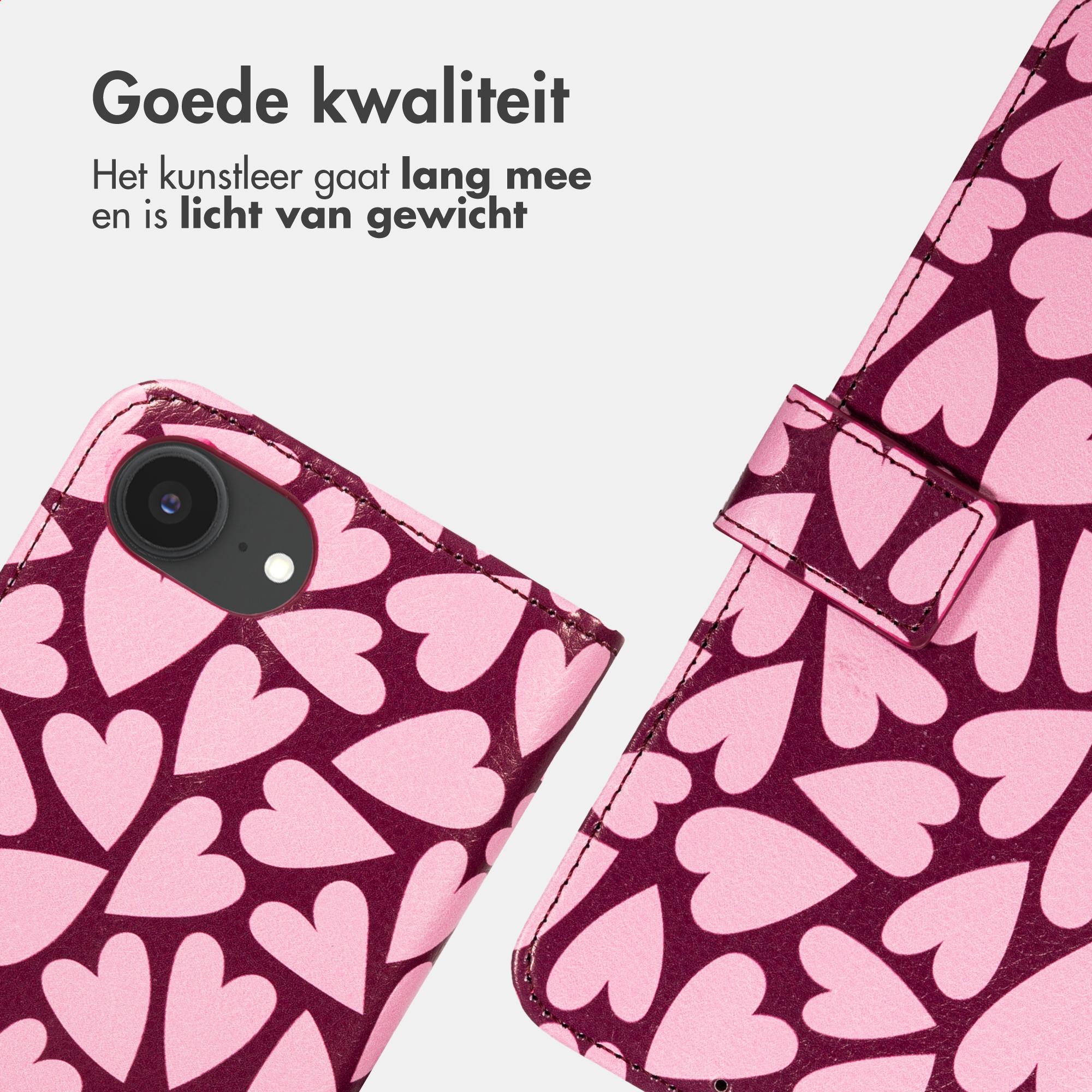 A pink phone case with a heart pattern is open, showing the camera.