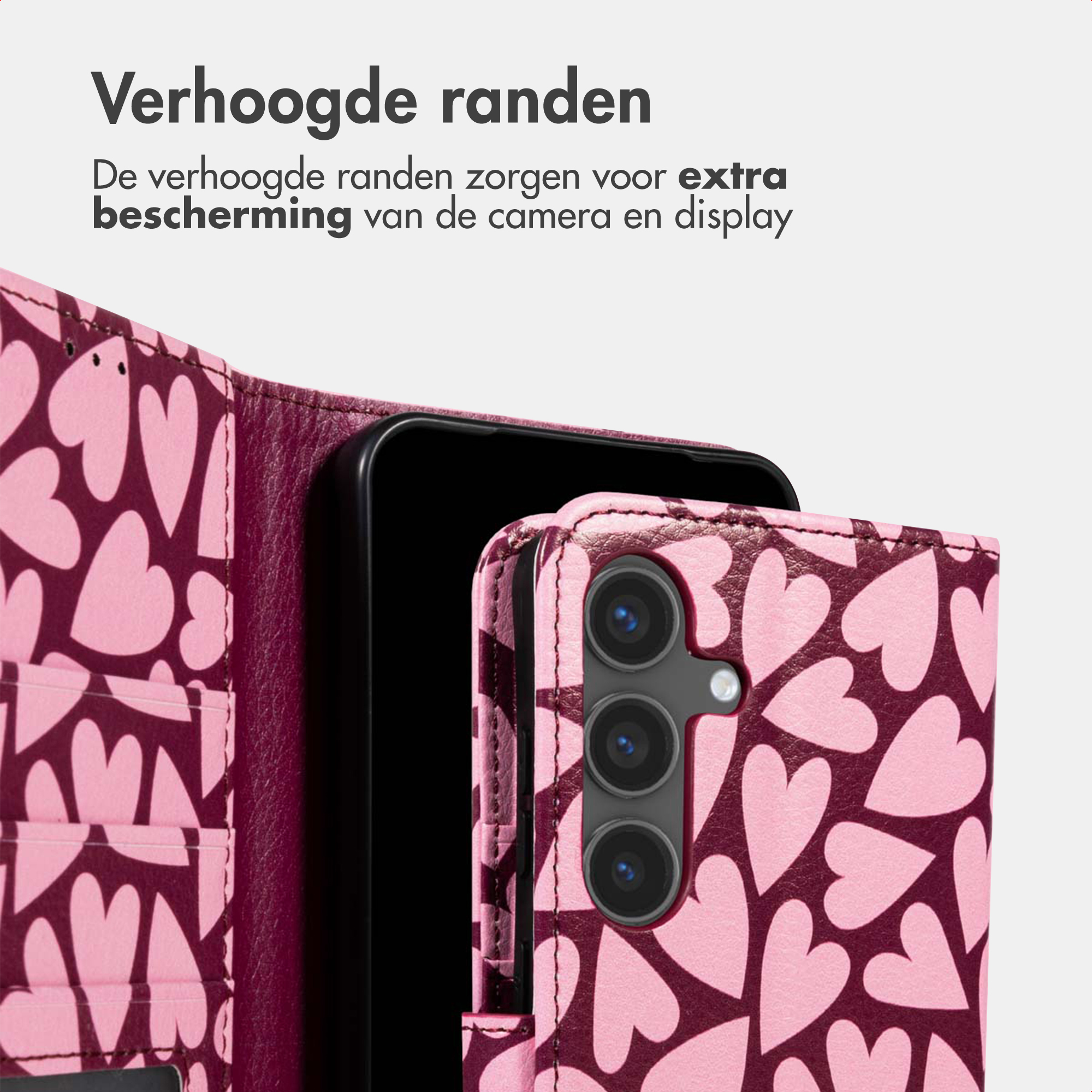A pink heart pattern phone case with a camera bump is shown.