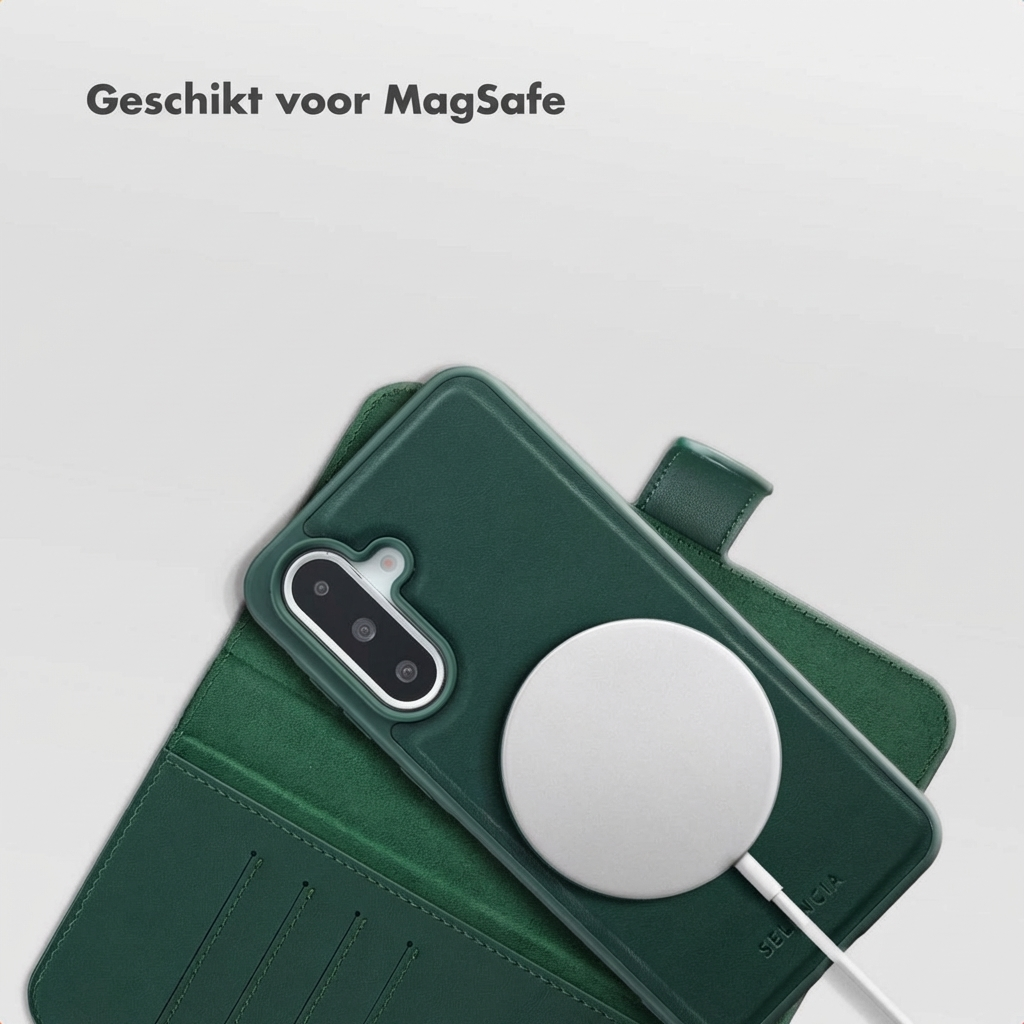 Custodia verde scuro con caricatore MagSafe e allineamento fotocamera.