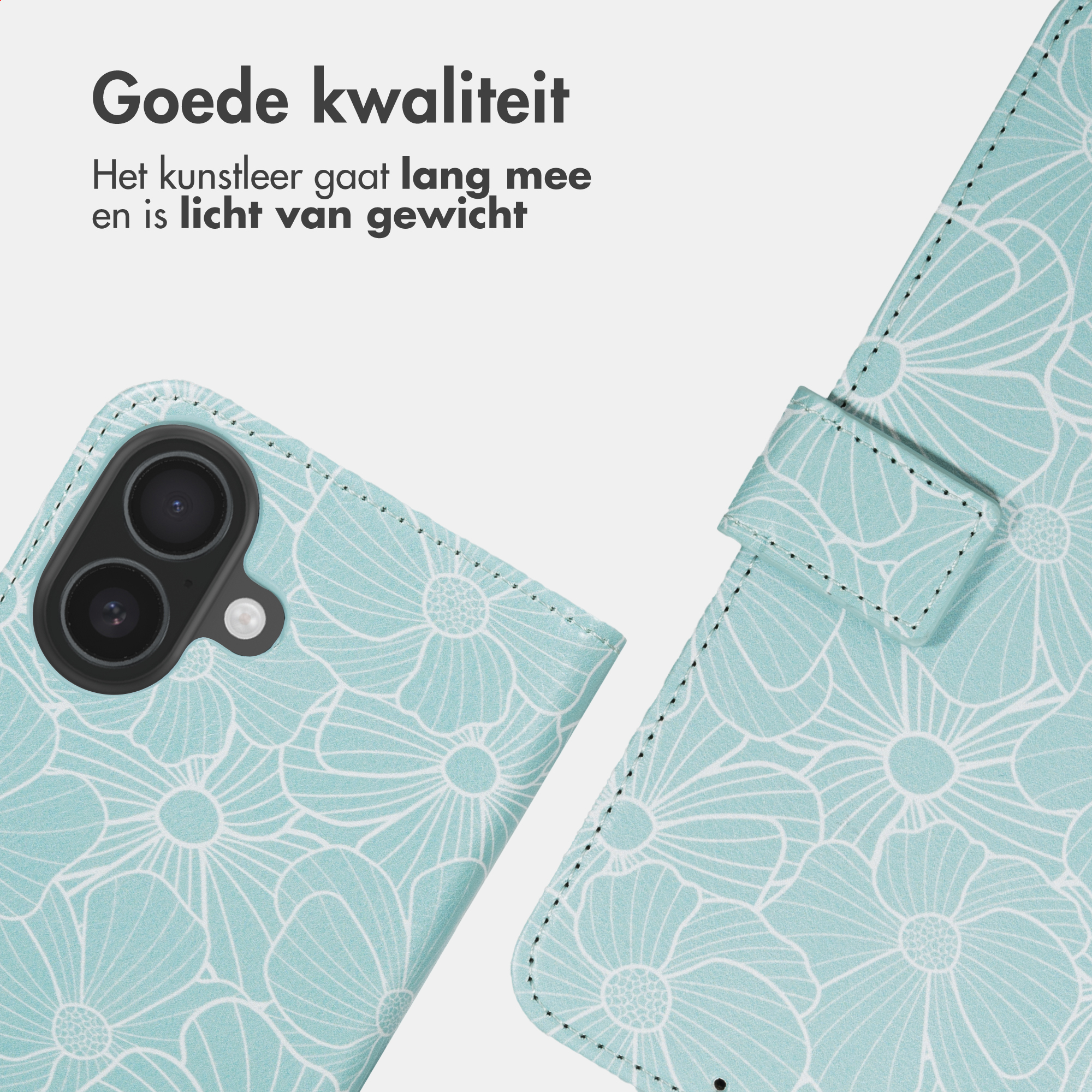 Hellblaue Handyhülle mit weißem Blumenmuster und Kameraöffnung.
