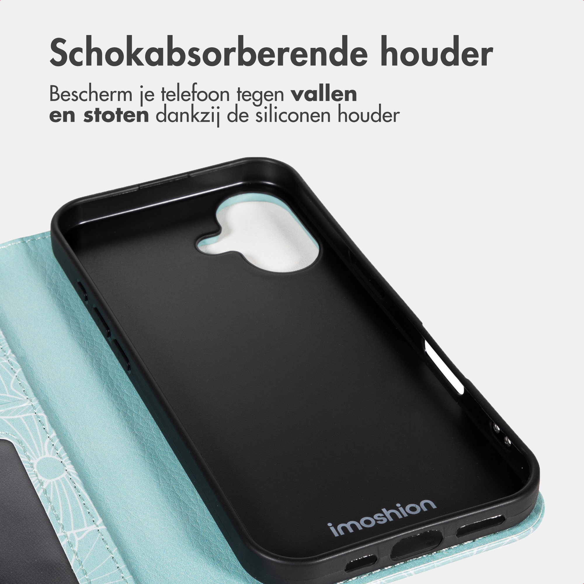 Eine schwarze Handyhülle mit „imoshion“-Logo ist vor einer teal-farbenen Brieftaschenhülle auf hellgrauem Hintergrund abgebildet.