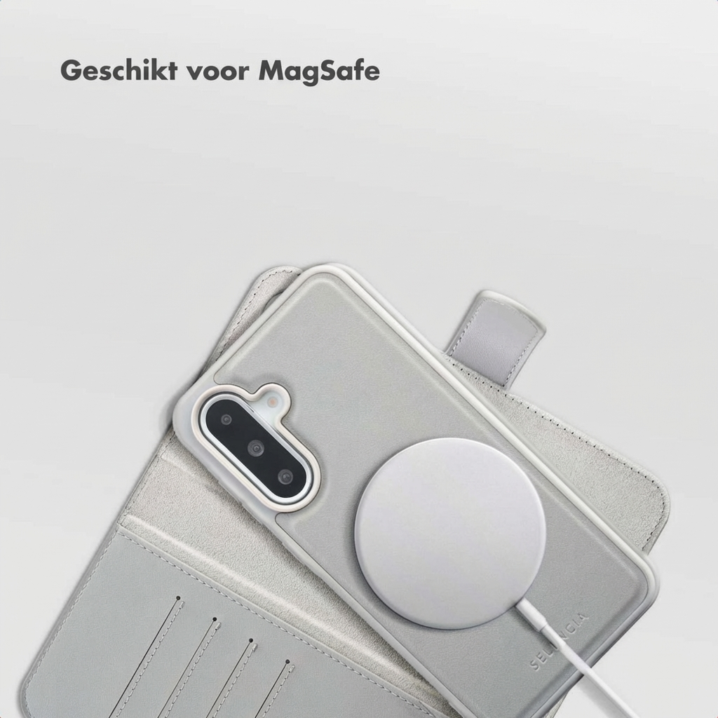 Telefono grigio con caricabatterie MagSafe e custodia aperta. Testo: Adatto per MagSafe.