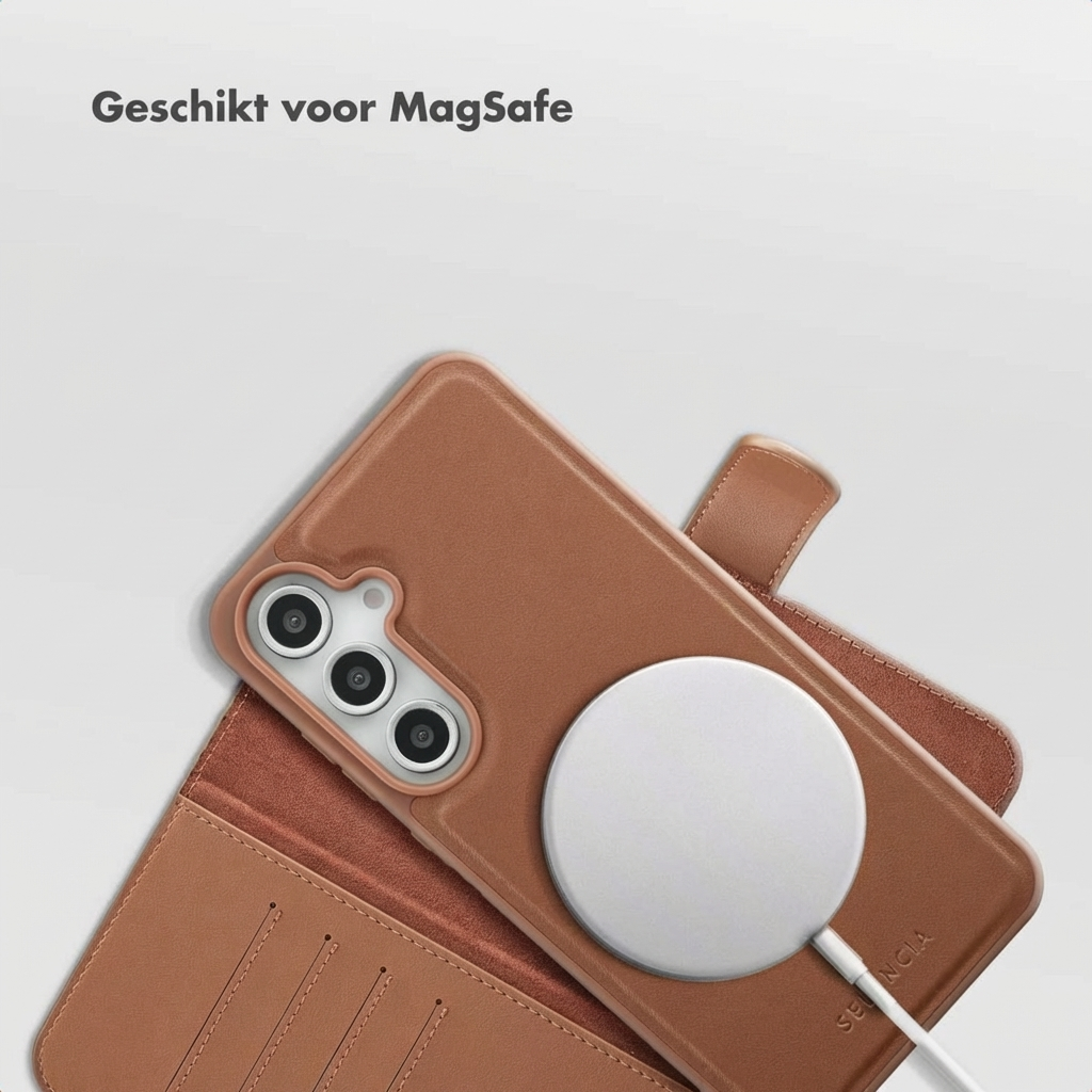 Una custodia marrone per telefono con un telefono inserito, dotata di un caricatore MagSafe circolare bianco attaccato sul retro.