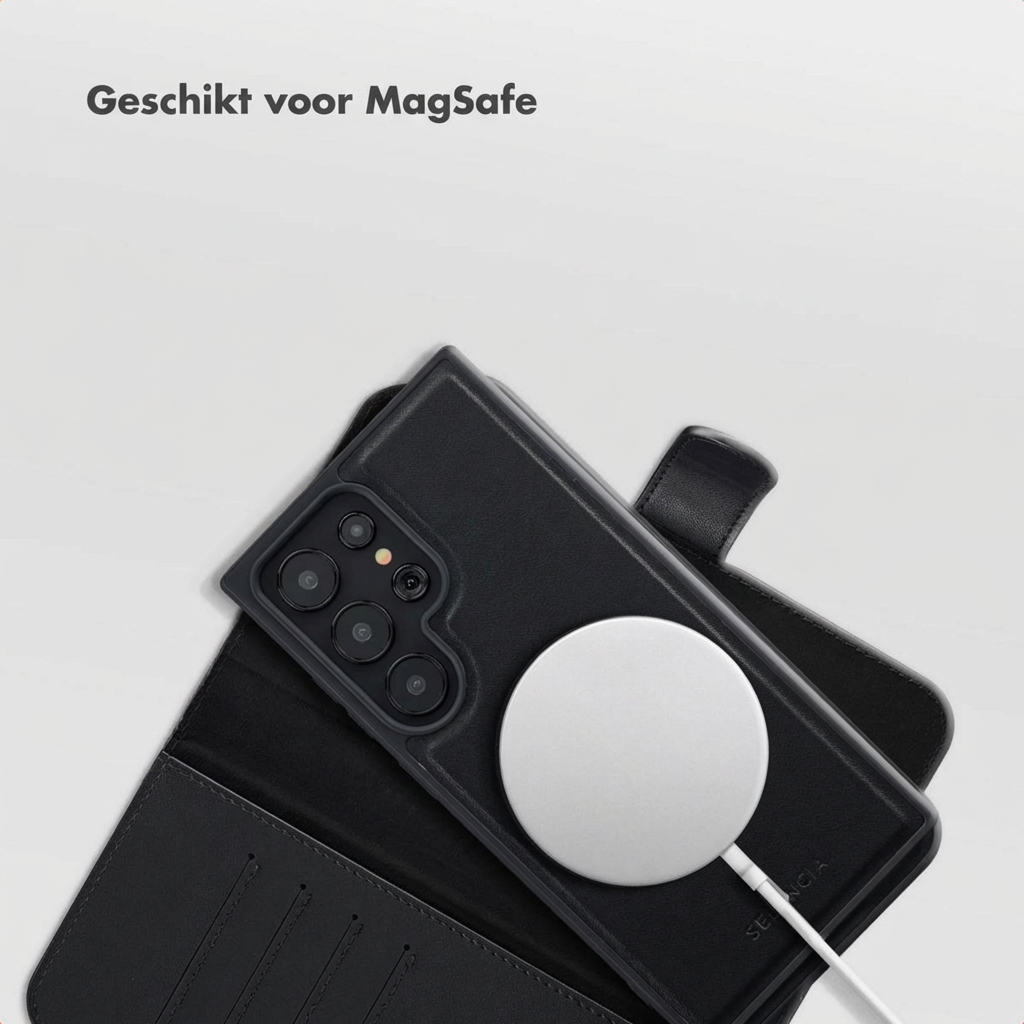 Coque de téléphone noire avec chargeur MagSafe et câble blanc.