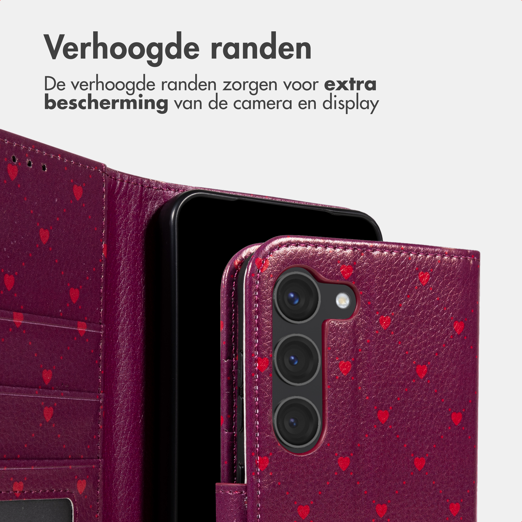 Custodia viola per telefono con cuori rossi, mostra fotocamera e schermo.