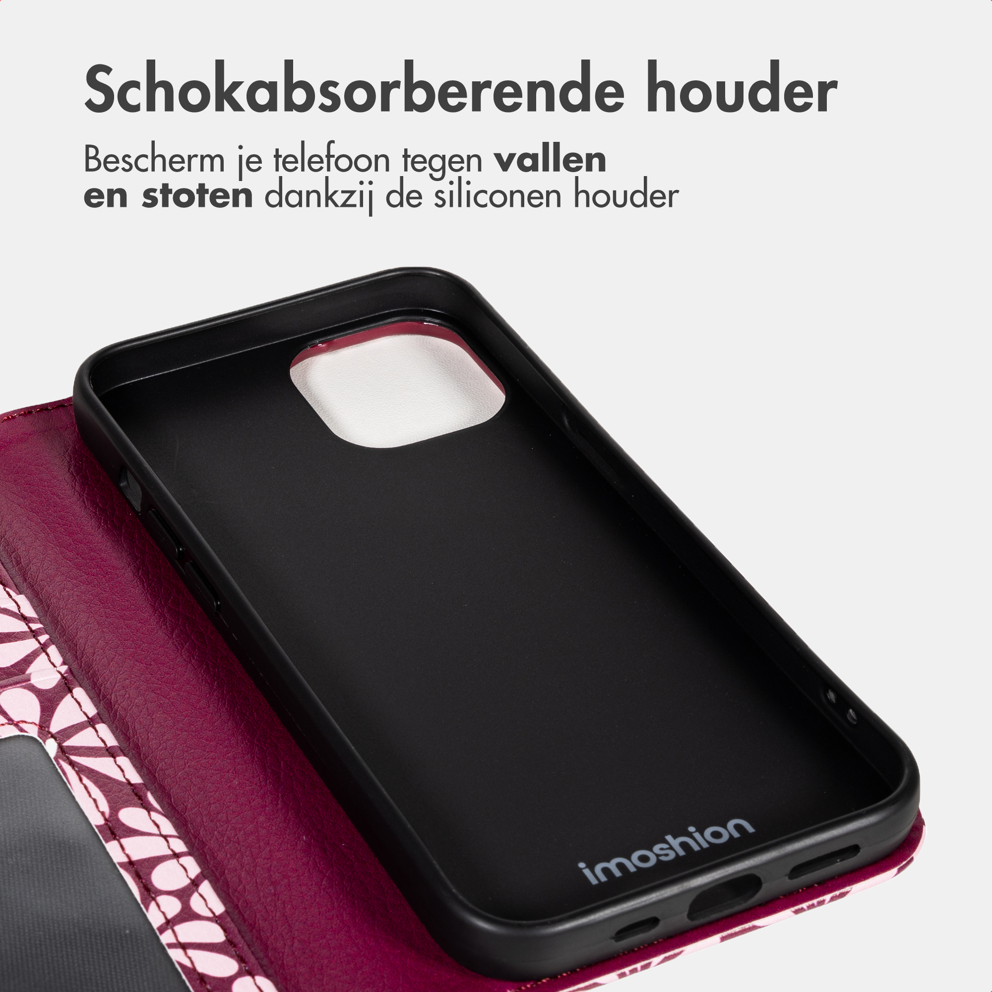 Custodia nera in silicone con motivo rosa e bianco sul lato sinistro.