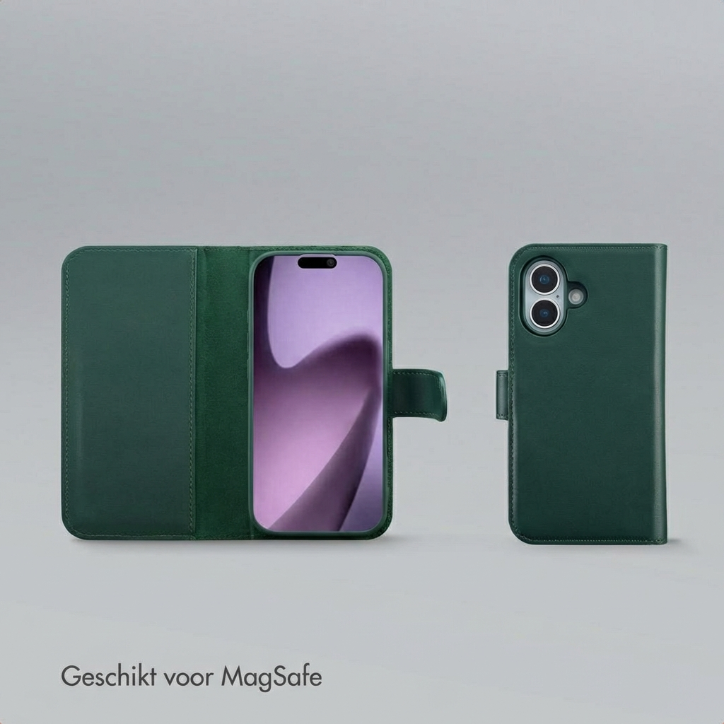 Custodia per telefono verde scuro aperta e chiusa con schermo viola.