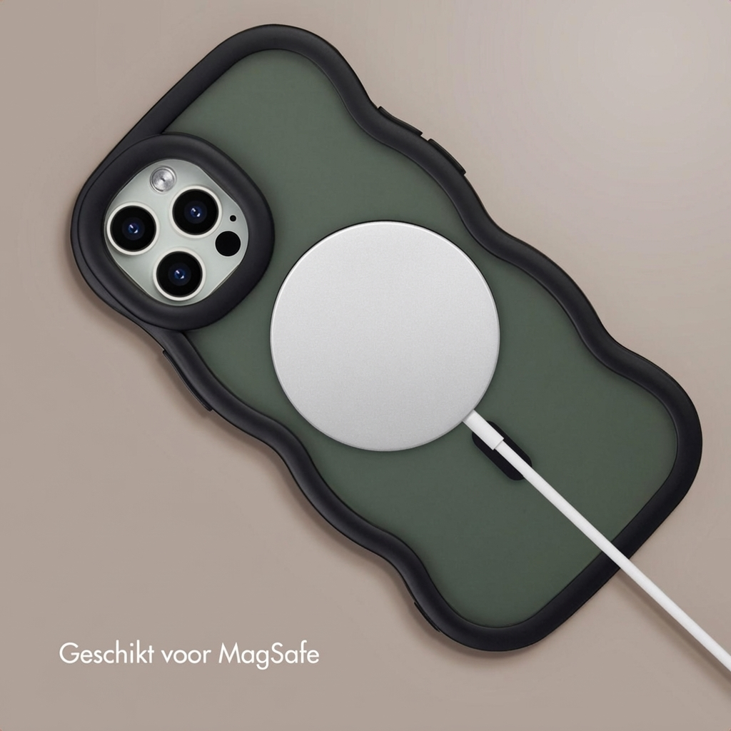 Una custodia per telefono verde scuro con bordo nero ondulato, un caricabatterie MagSafe argento e tre obiettivi della fotocamera.