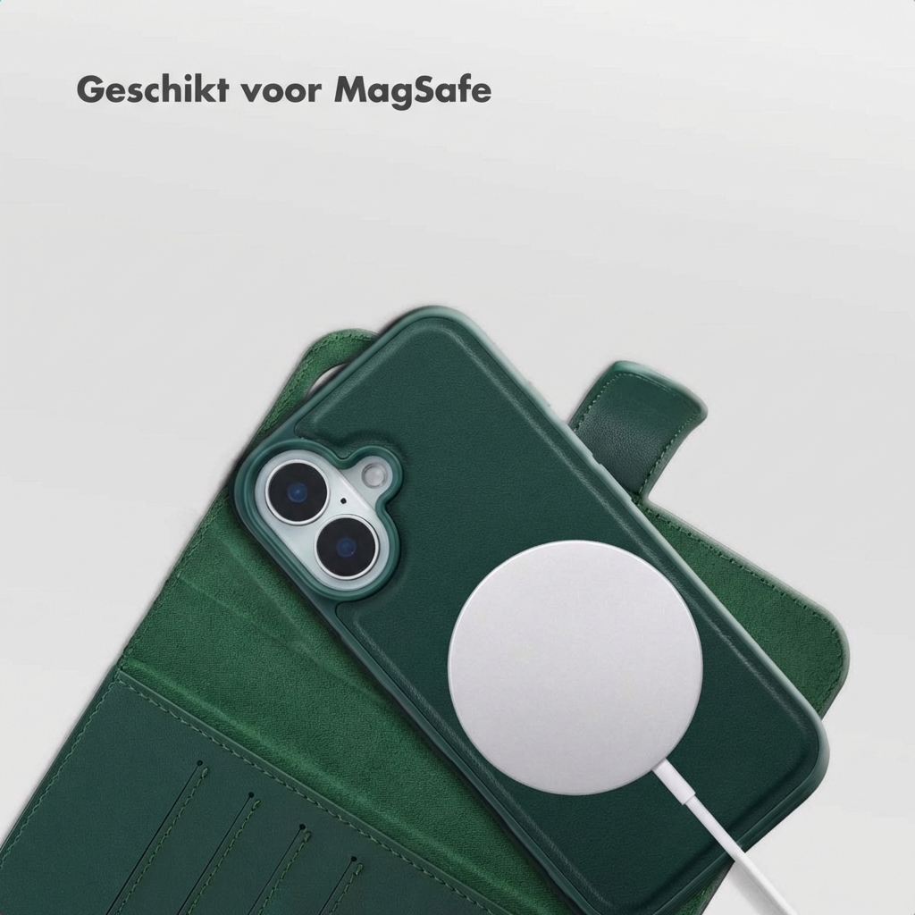 Custodia verde per telefono con caricabatterie MagSafe e fessure per carte.