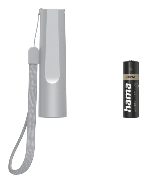 Ein silberner Flaschenöffner mit Lanyard und eine AA-Batterie daneben.