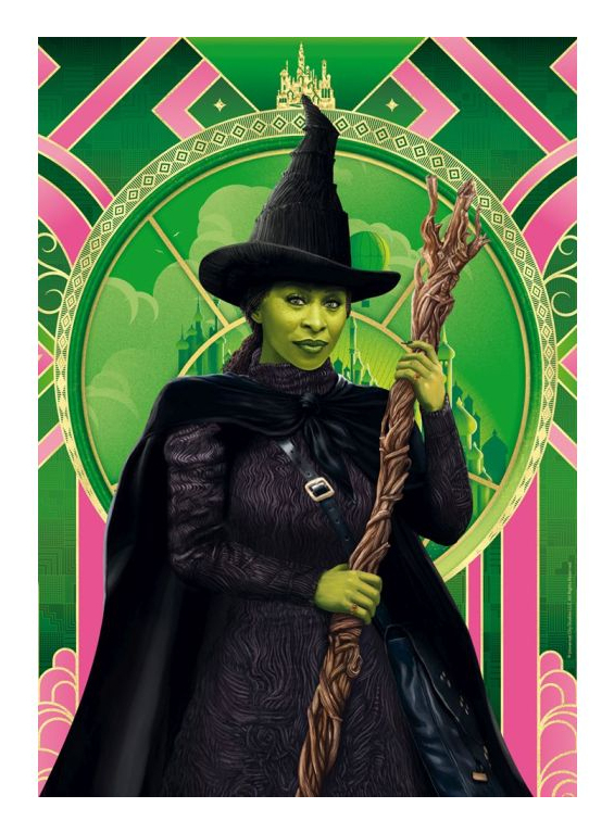 Grüne Hexe mit schwarzem Hut und Stab vor einem grünen Kreis mit Stadt.