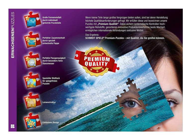 Puzzle-Werbung mit Blick auf das Meer und eine Frau, die ein Puzzle hält.